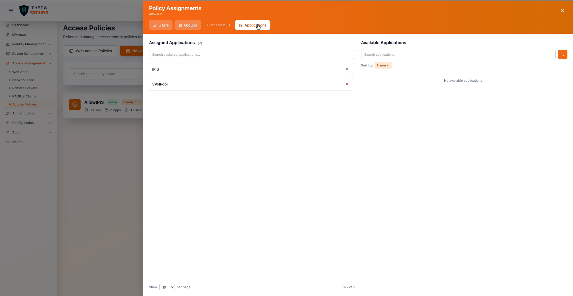 Policy Assignments panel on the Applications tab showing assigned applications