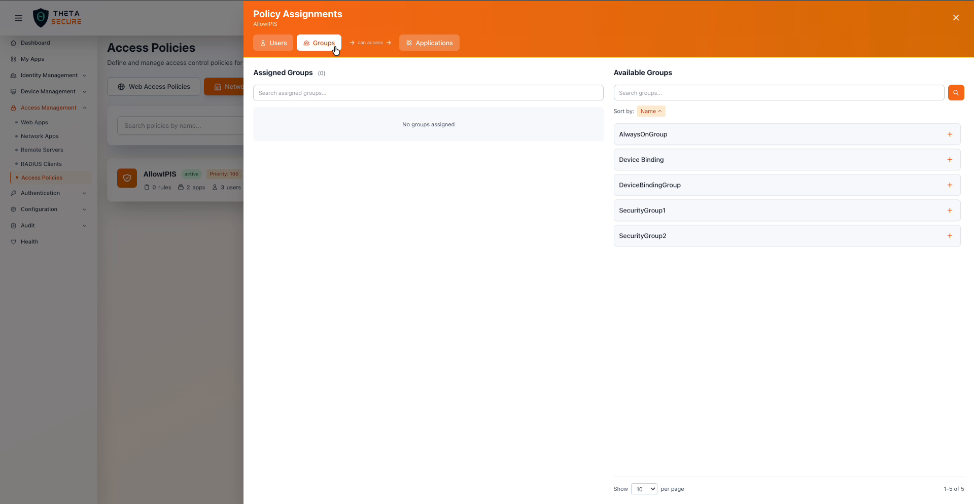 Policy Assignments panel on the Groups tab