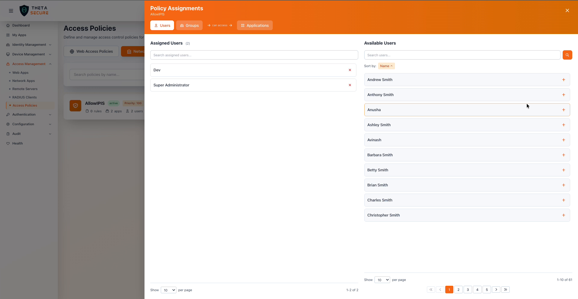 Policy Assignments panel on the Users tab showing assigned and available users