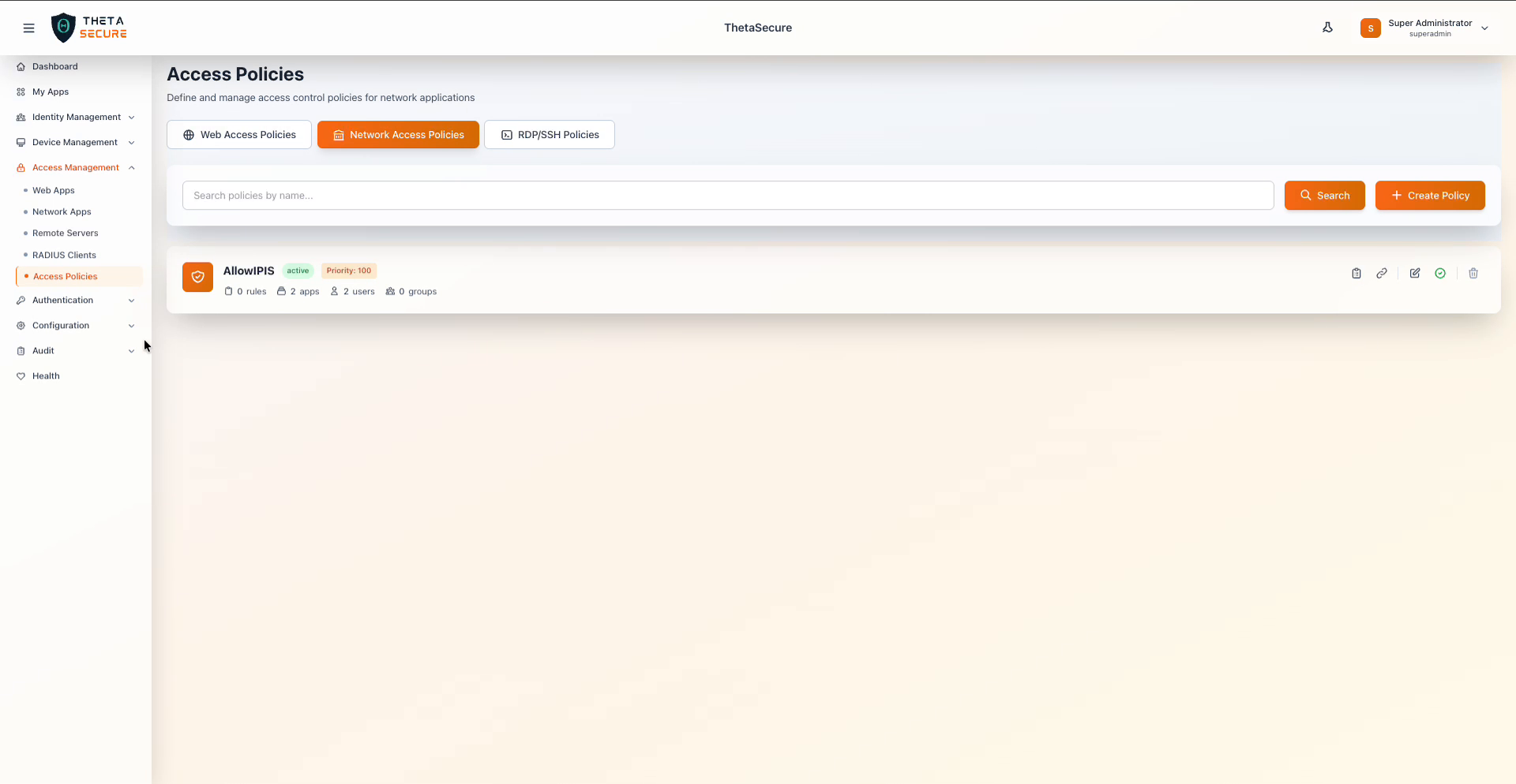 Access Policies page showing the three policy type tabs and an existing Network Access Policy
