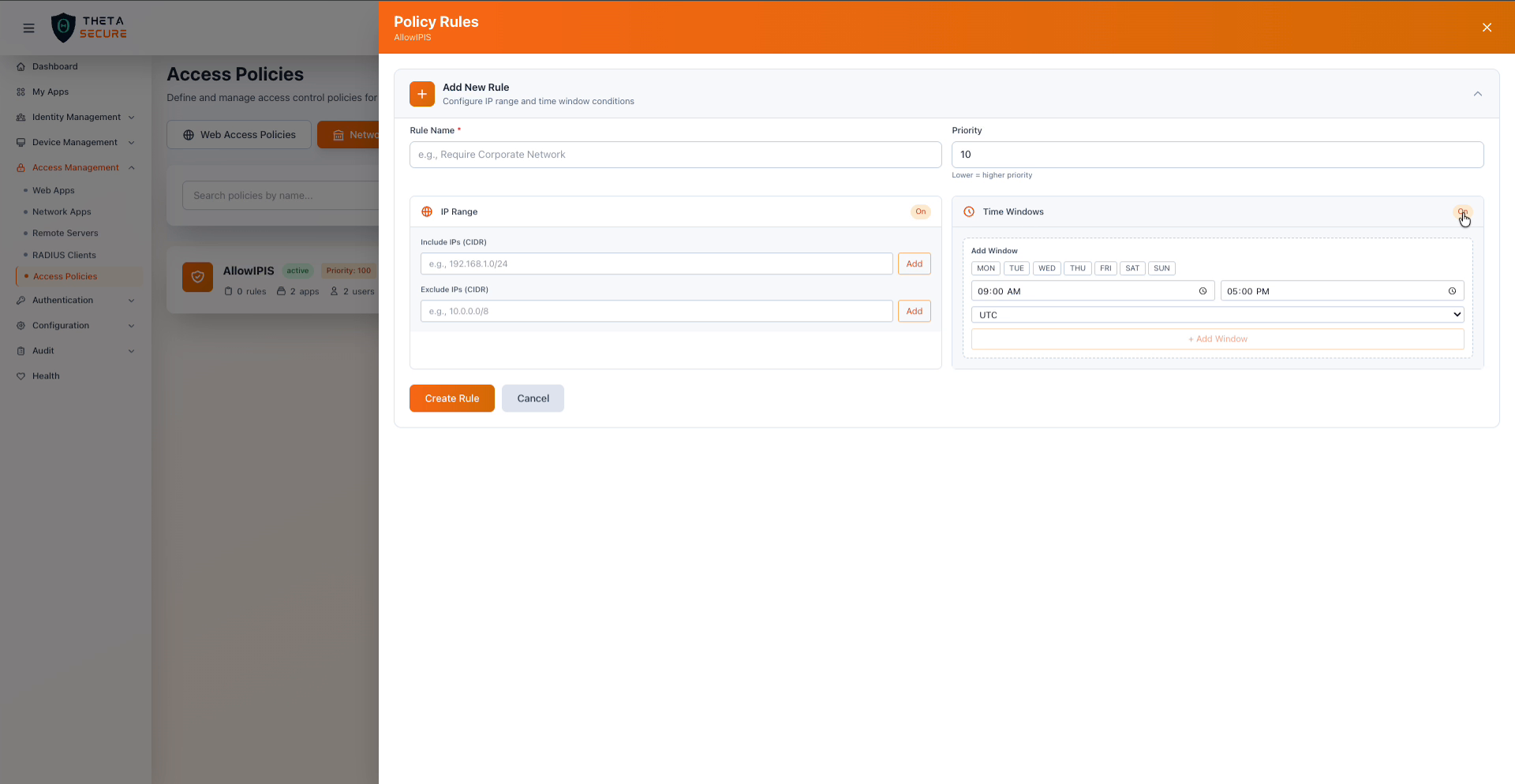 Policy Rules form with IP Range and Time Windows conditions expanded