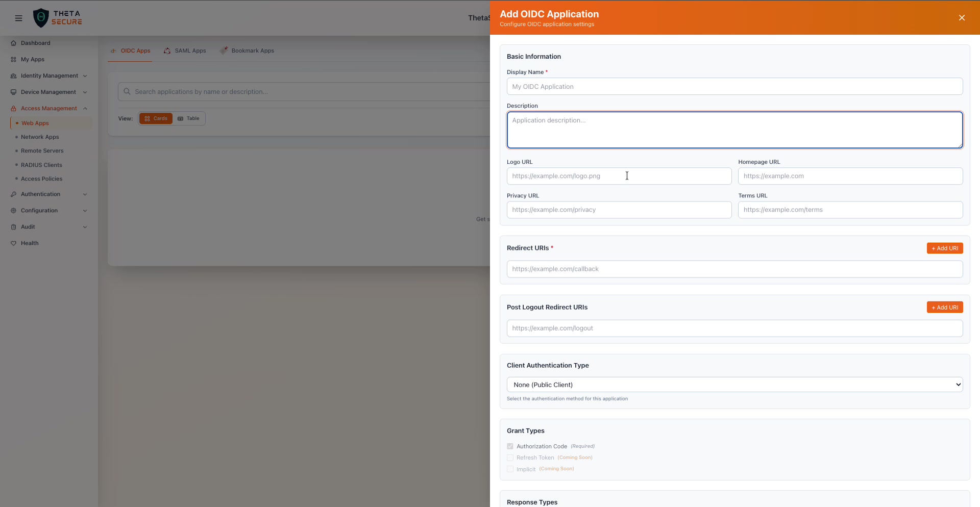 Add OIDC Application form, Basic Information section