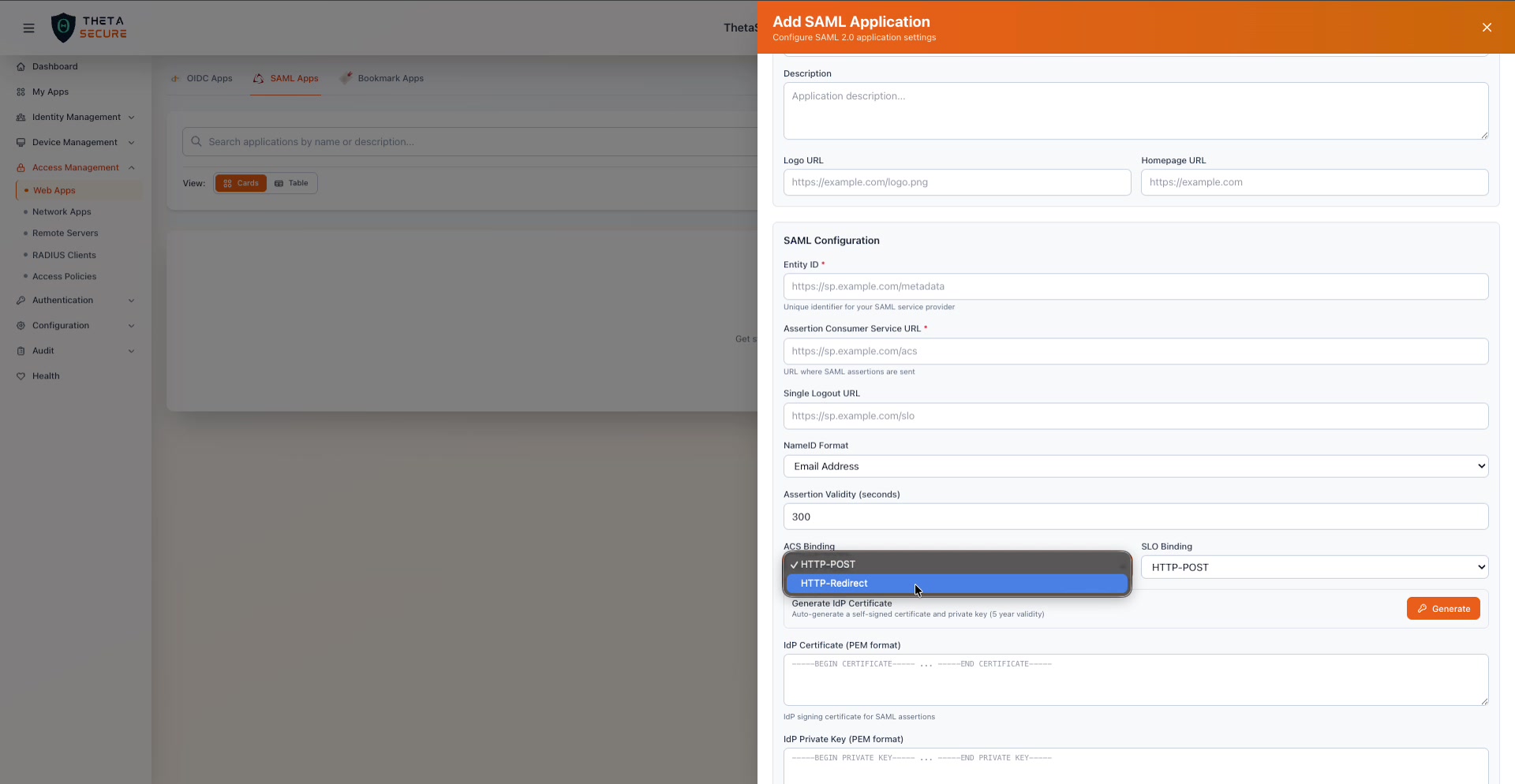 ACS Binding dropdown showing HTTP-POST and HTTP-Redirect