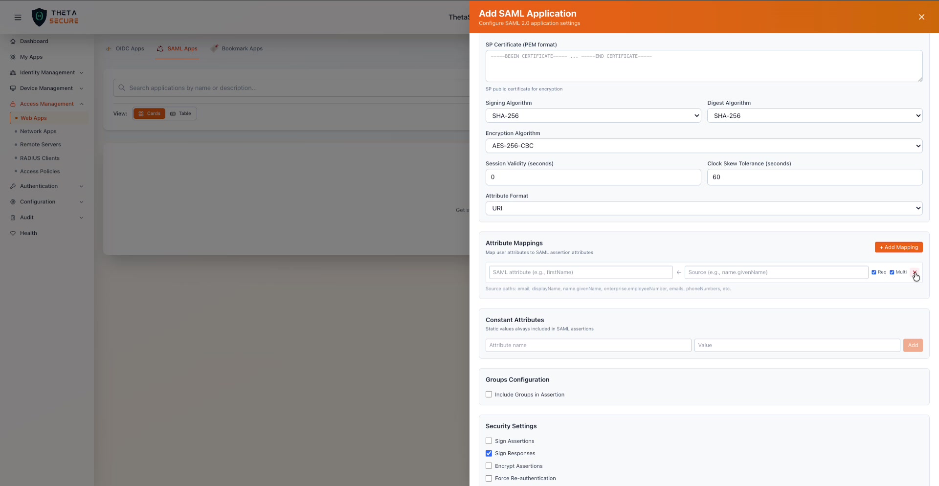 Attribute Mappings with Add Mapping form and Security Settings