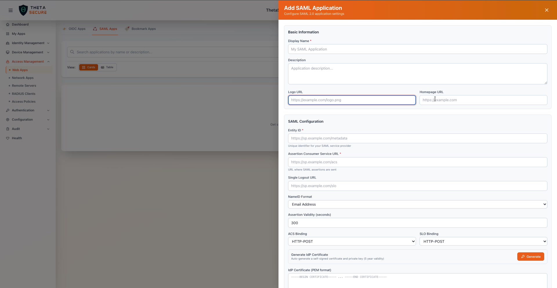 Add SAML Application form showing Basic Information and SAML Configuration