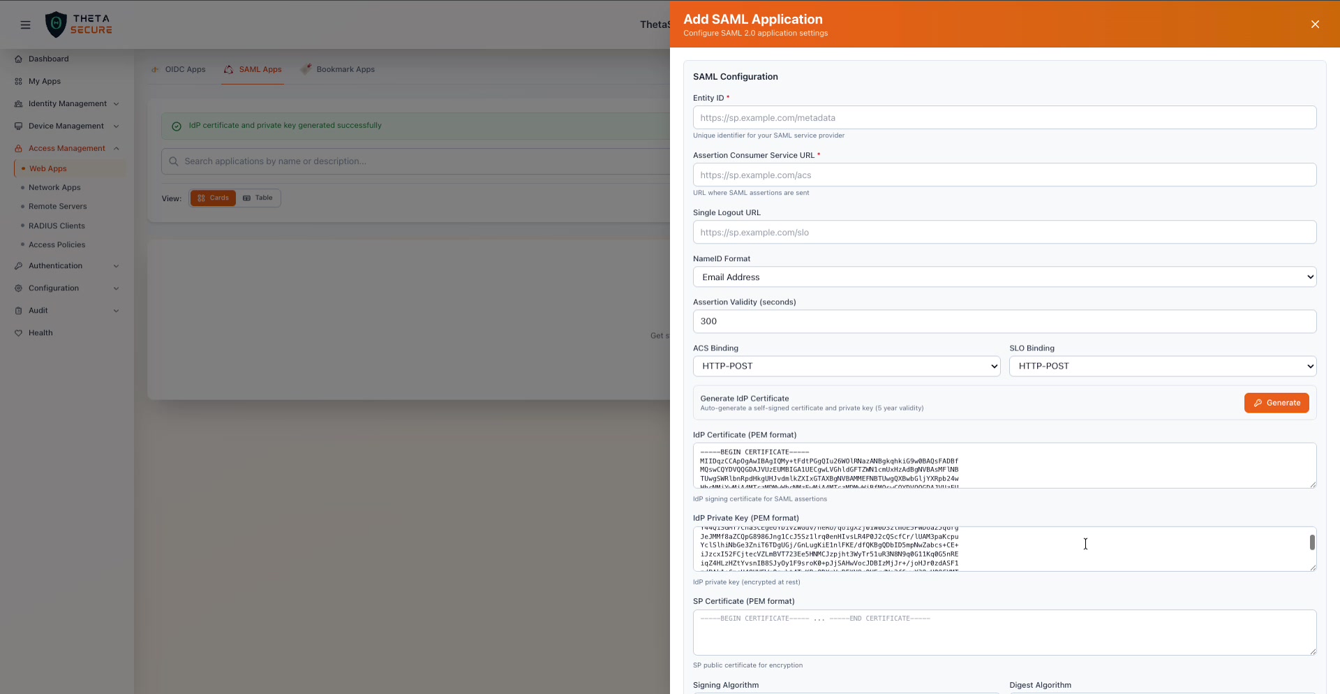 Generated IdP Certificate and Private Key