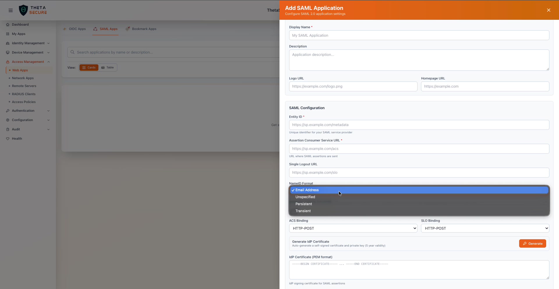 NameID Format dropdown showing all four options