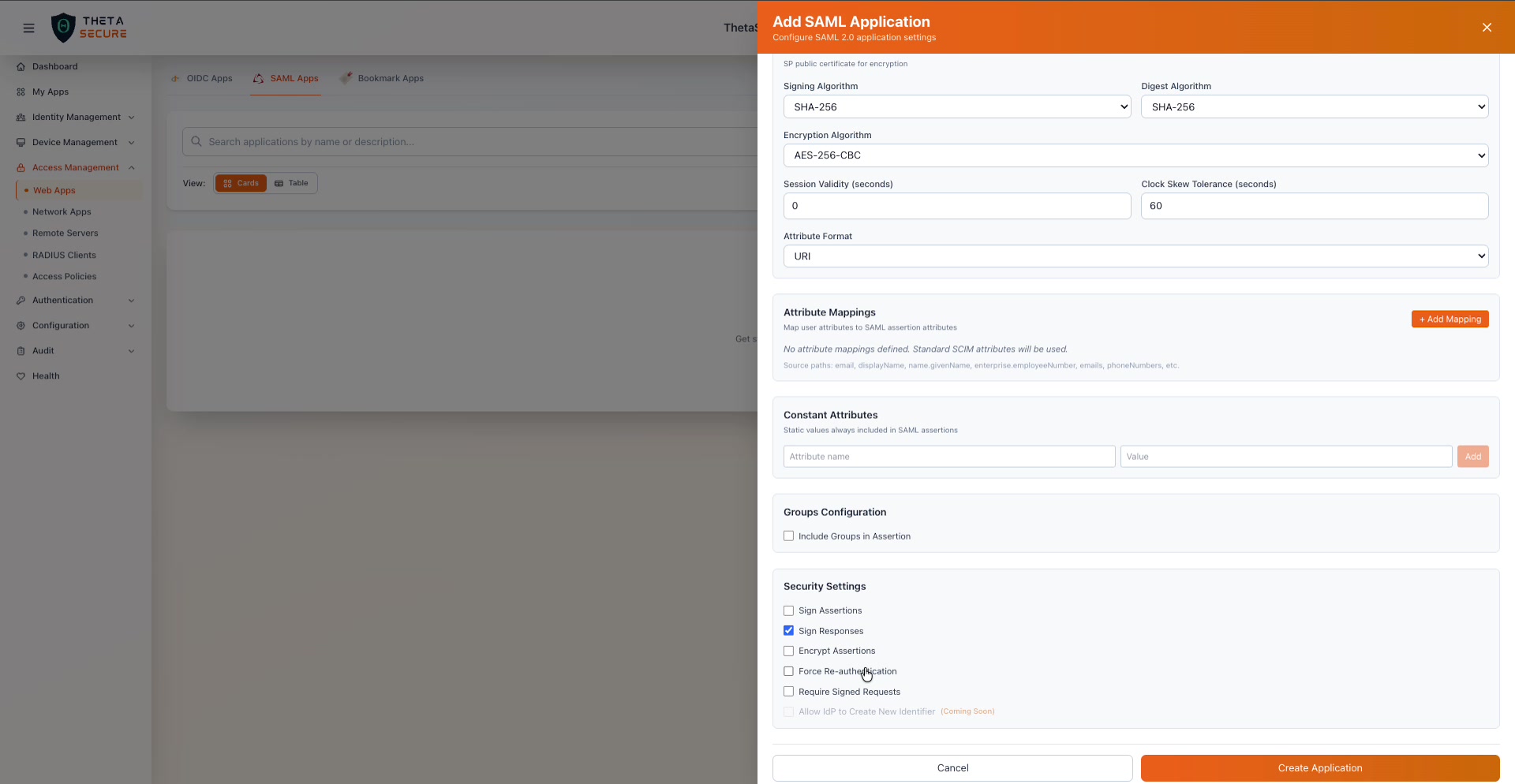 Security Settings checkboxes and Create Application button