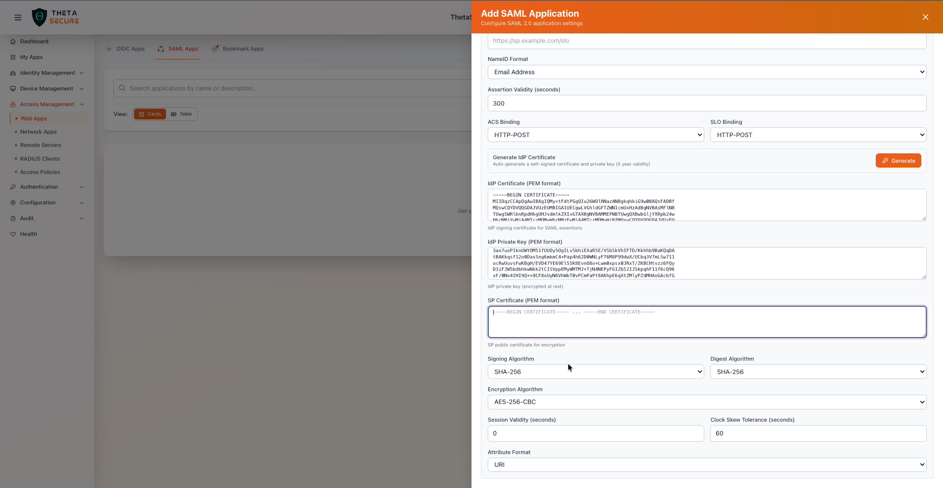 Signing Algorithm, Digest Algorithm, Encryption Algorithm, Session Validity, and Attribute Format