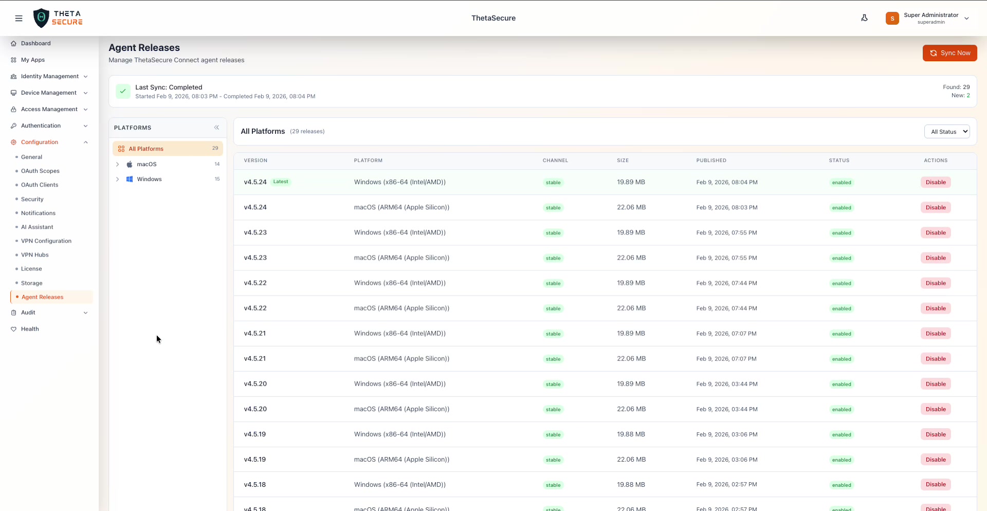 Agent Releases page showing All Platforms view with sync status and release table