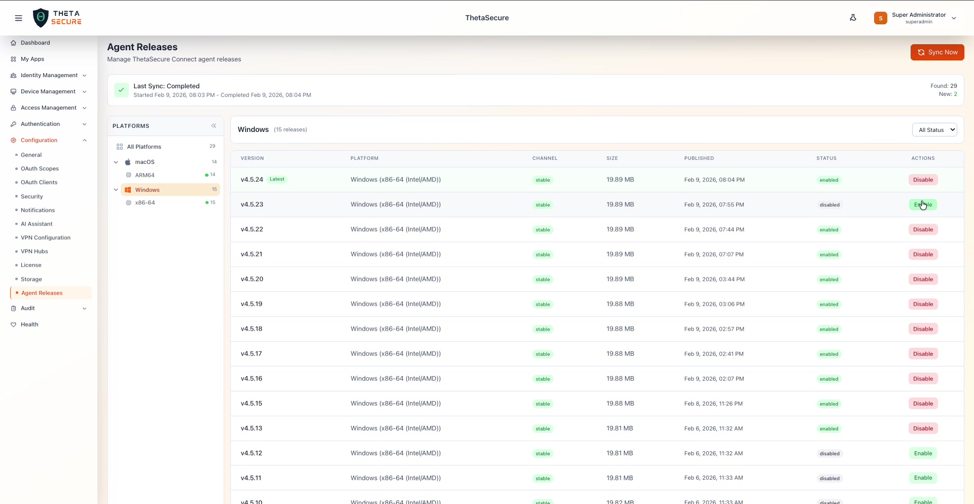 Release table showing v4.5.23 toggled to disabled with Enable button
