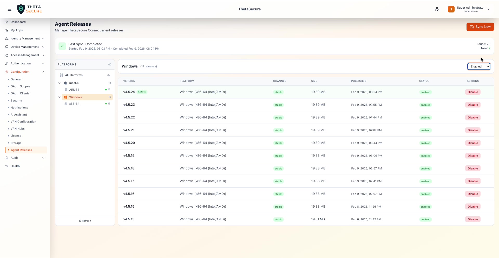 Release table filtered to show only Enabled releases