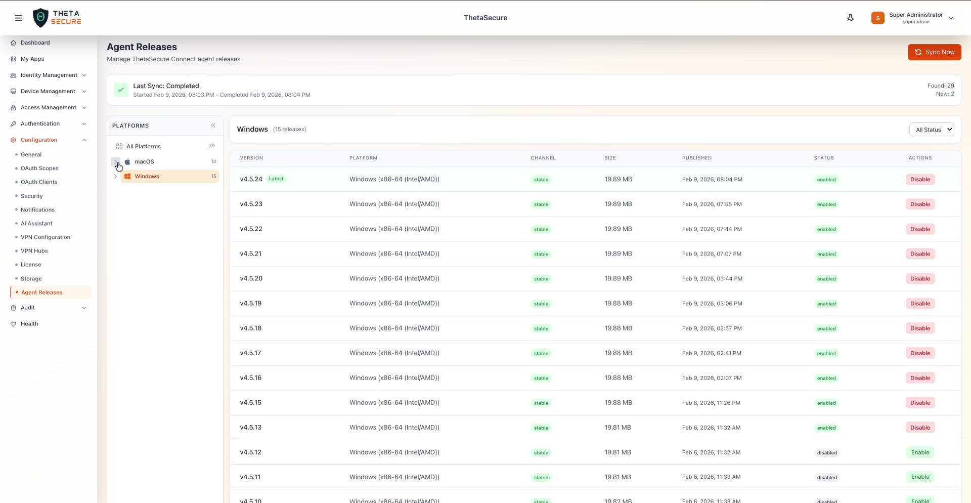 Windows releases filtered showing version list with enabled and disabled states
