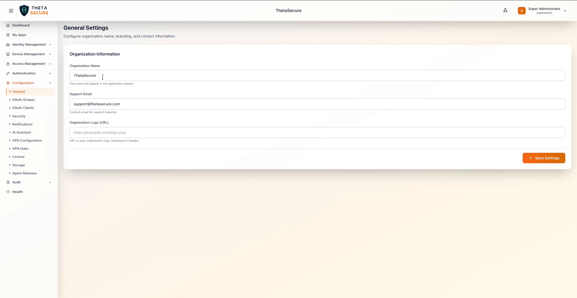 General Settings page showing organization information fields