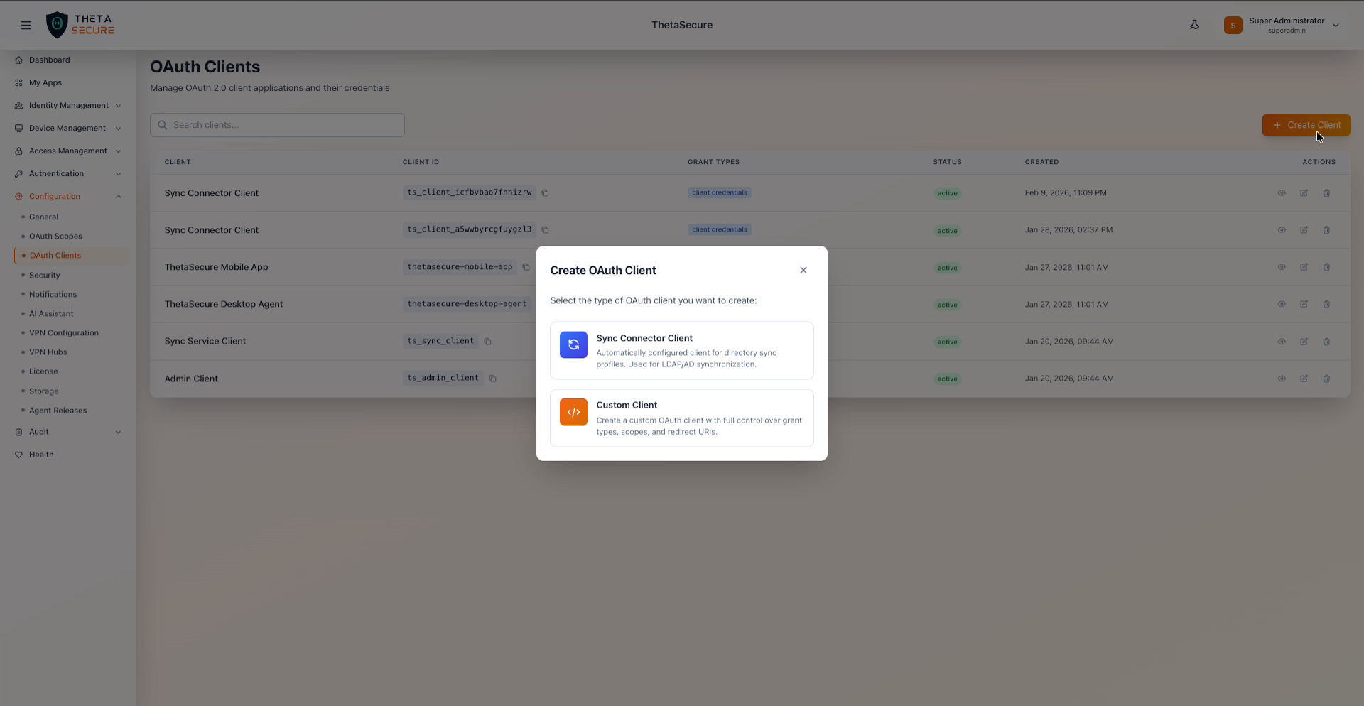 Create OAuth Client dialog with Sync Connector and Custom Client options