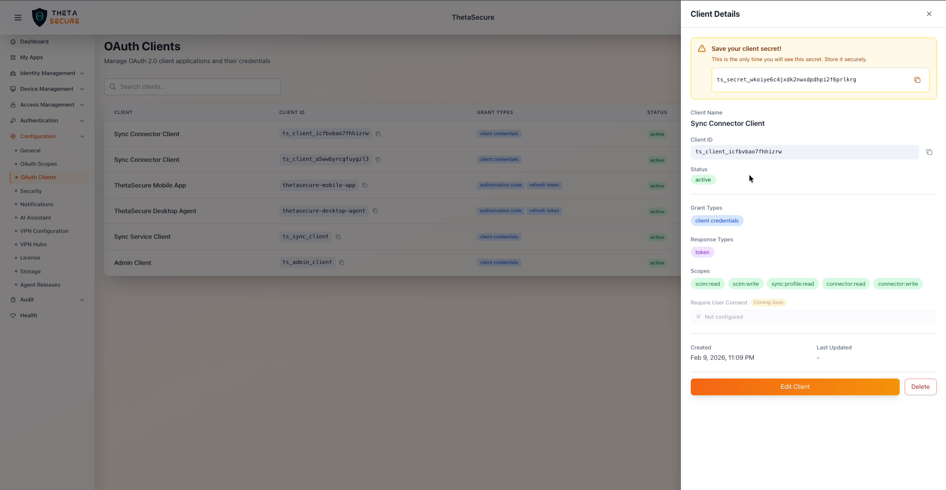 Client Details panel showing client secret, configuration, and scopes