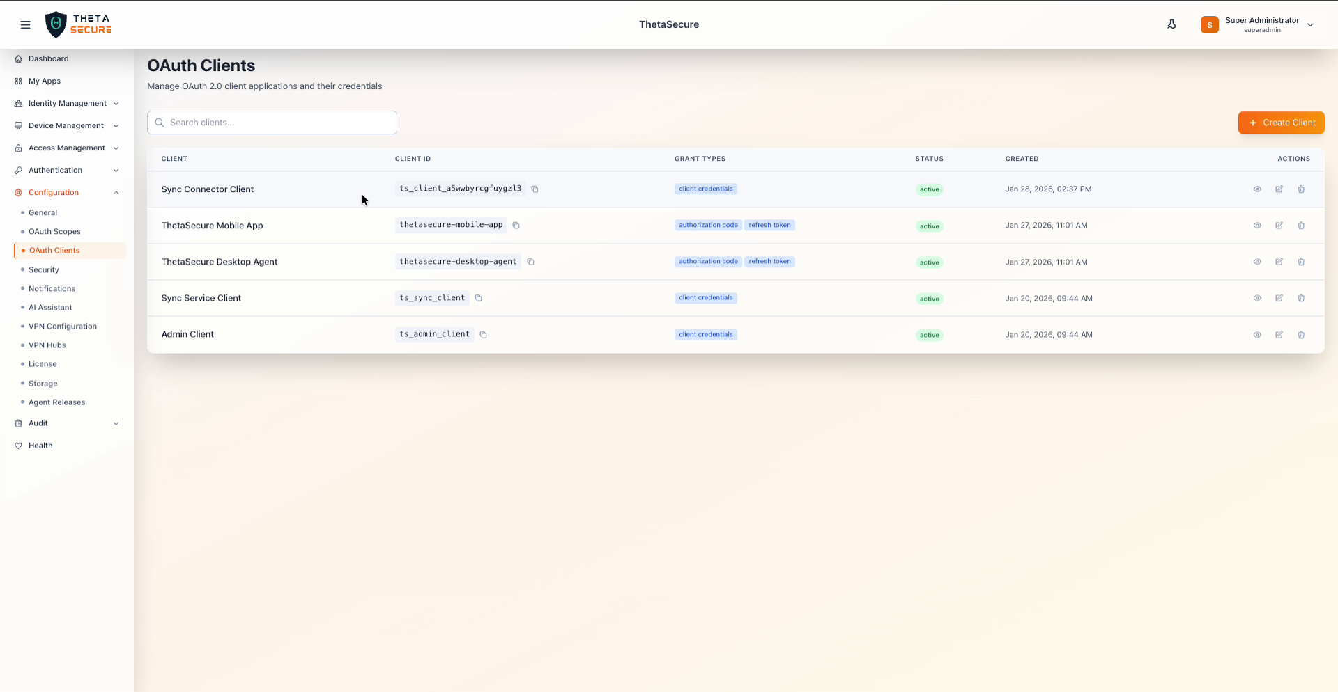 OAuth Clients list showing registered applications