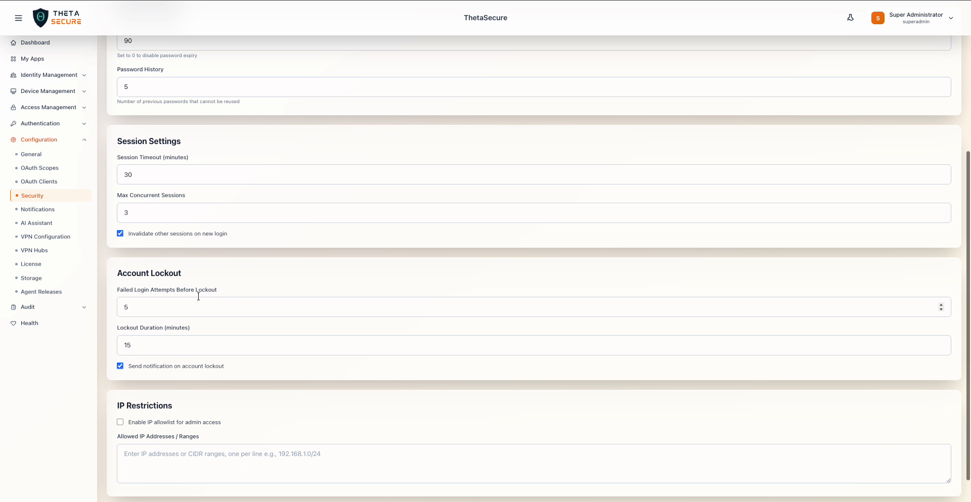 Security Settings showing account lockout and IP restrictions