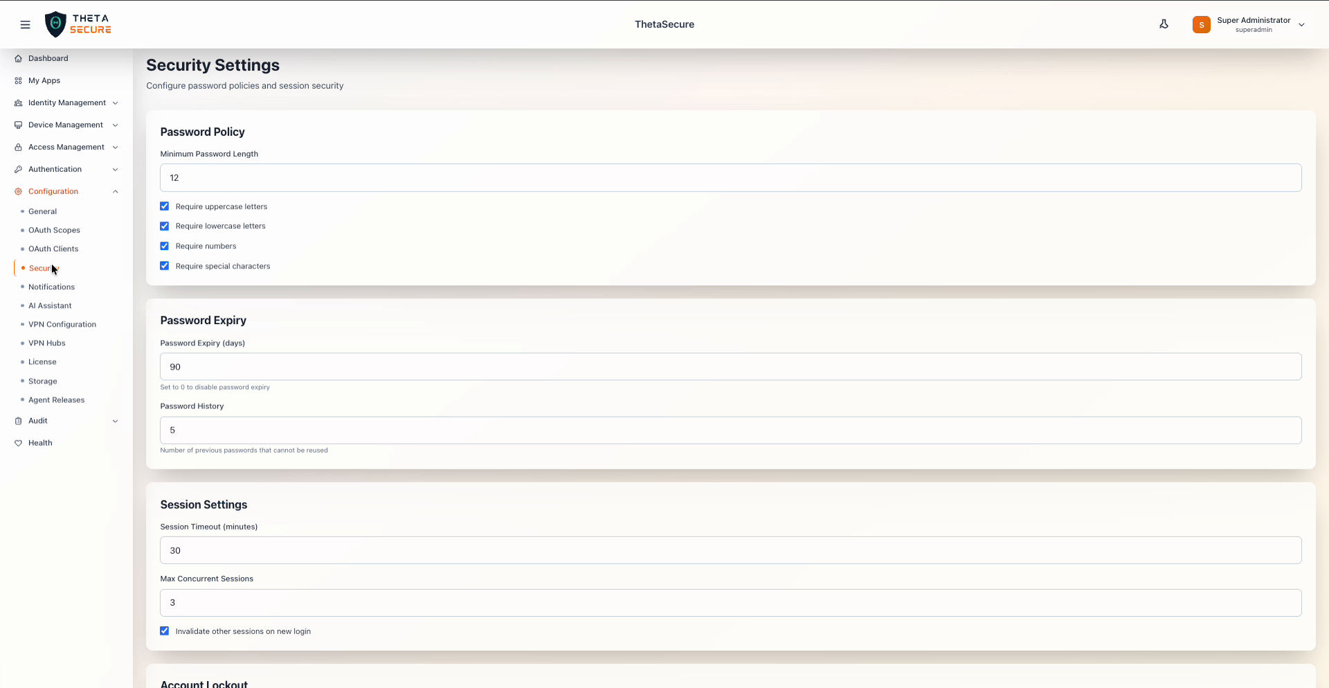 Security Settings showing password policy and session settings