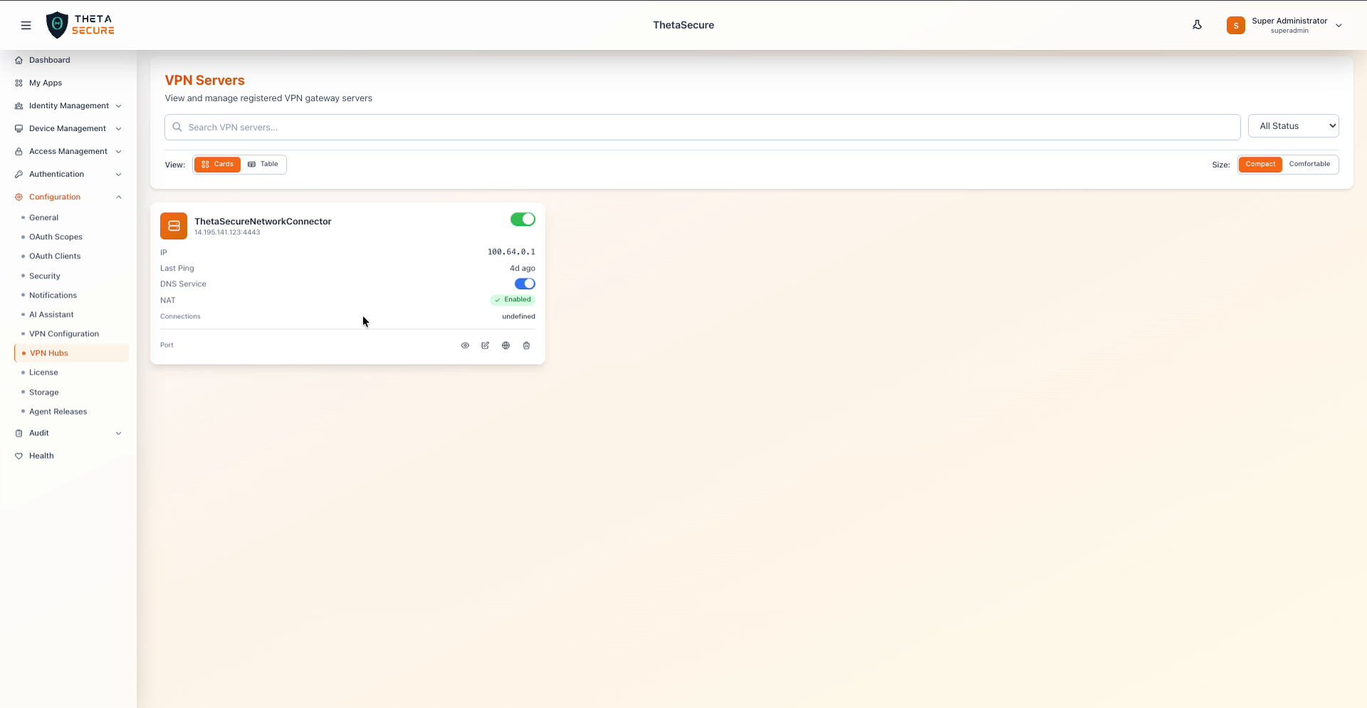 VPN Servers list showing a registered gateway with connection details