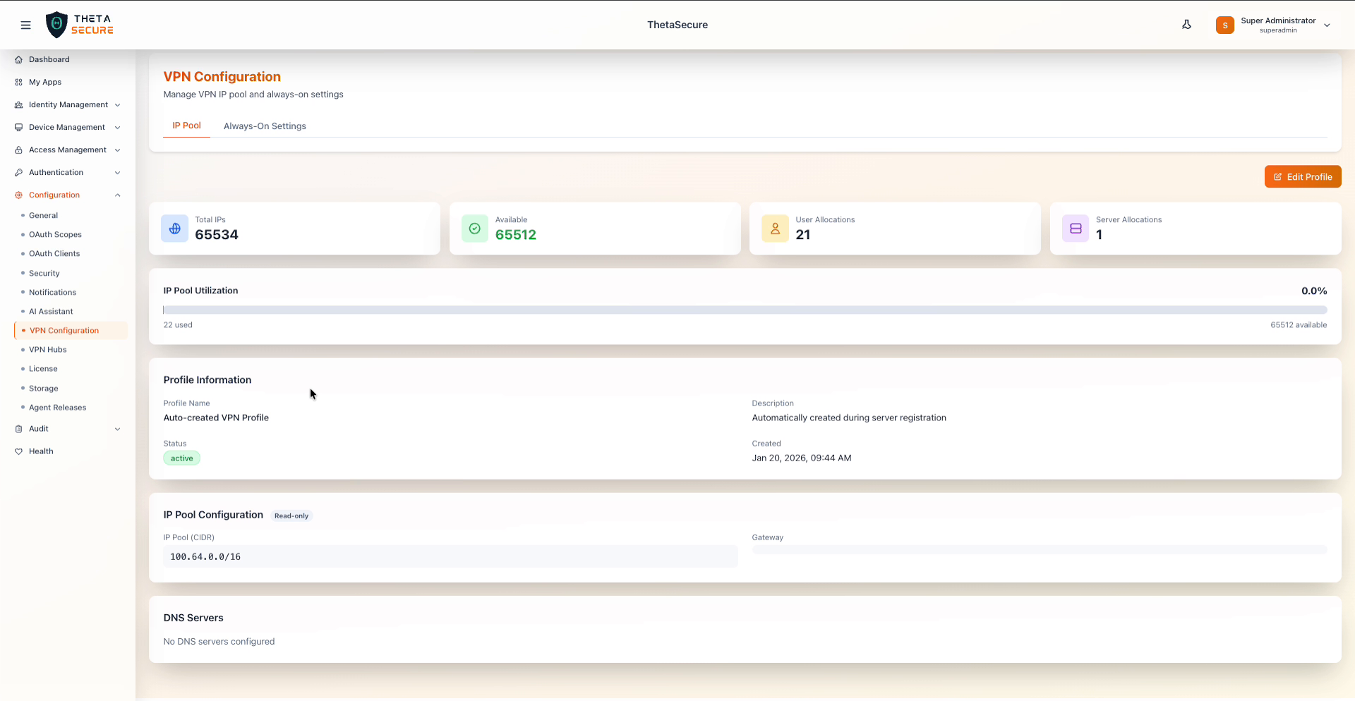 VPN Configuration IP Pool tab with utilization metrics and pool details