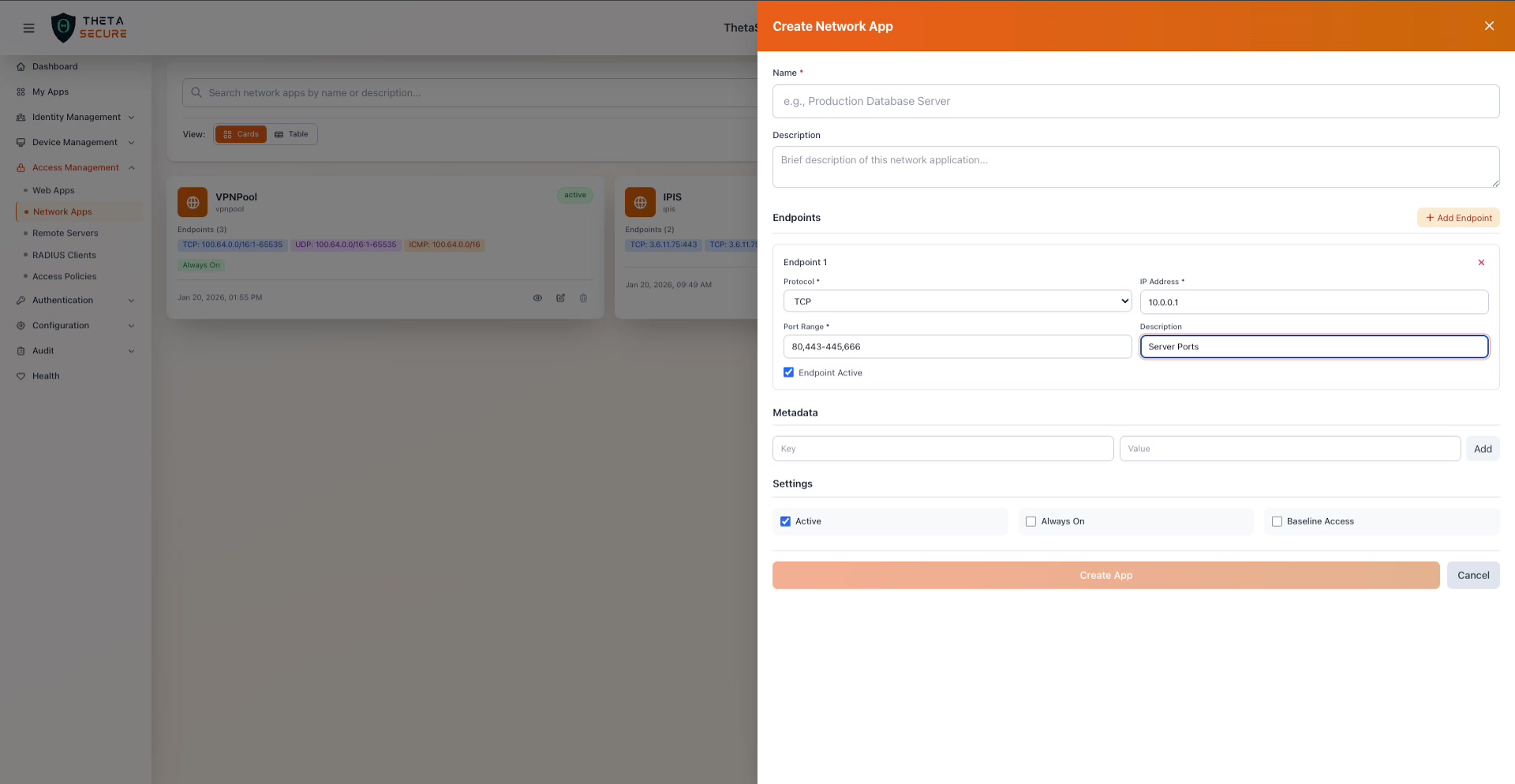 Endpoint filled with IP, port range, and description