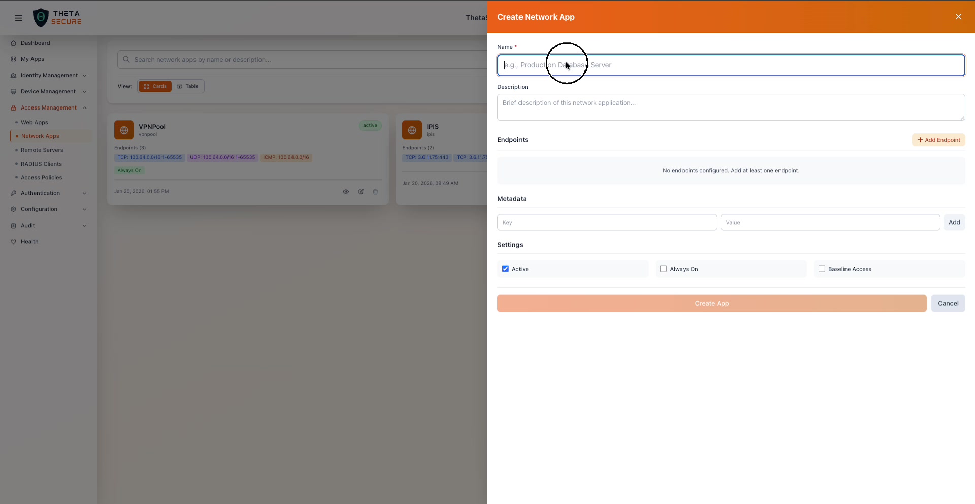 Create Network App form showing Name, Description, Endpoints, Metadata, and Settings