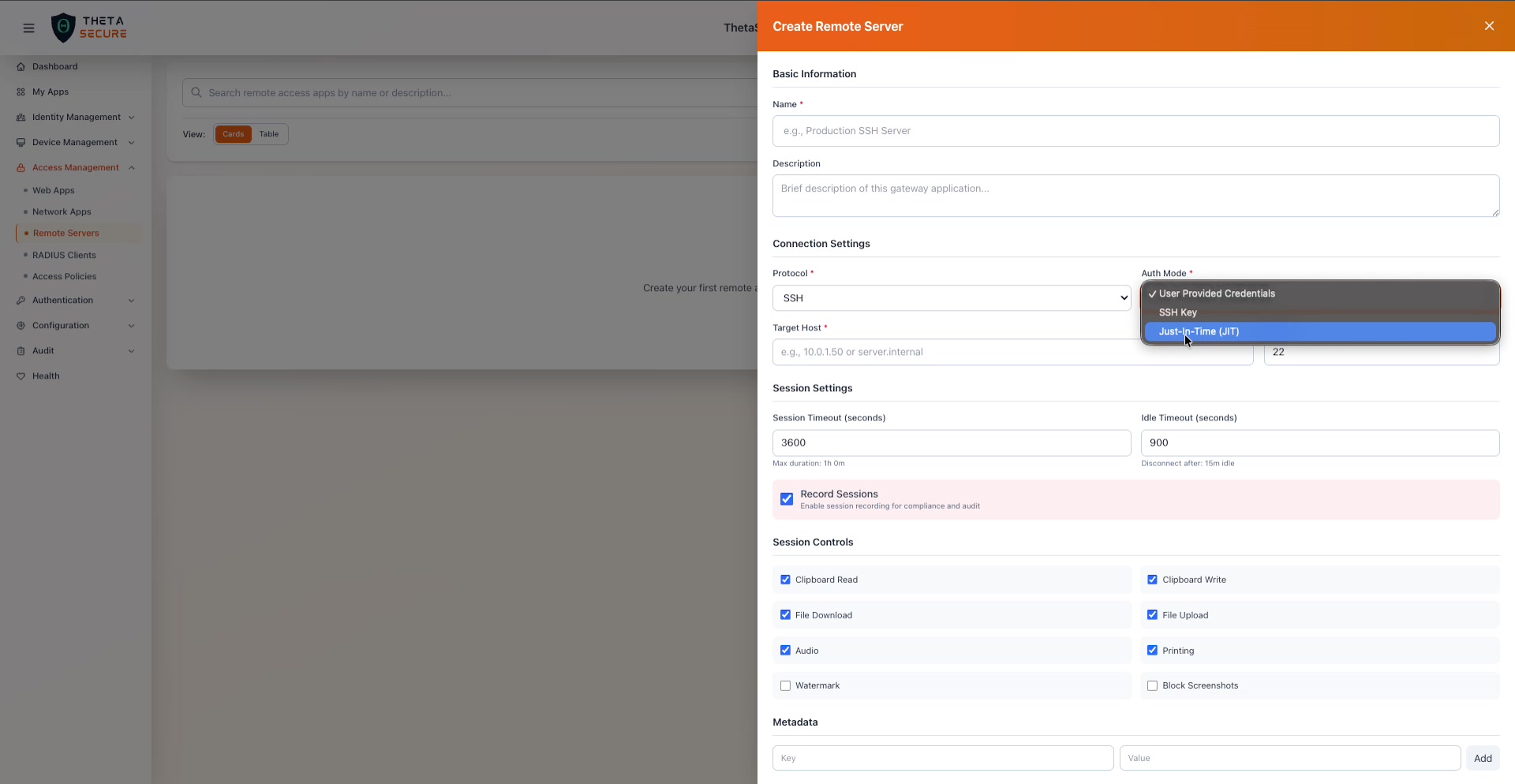 Auth Mode dropdown showing User Provided Credentials, SSH Key, and Just-In-Time (JIT)