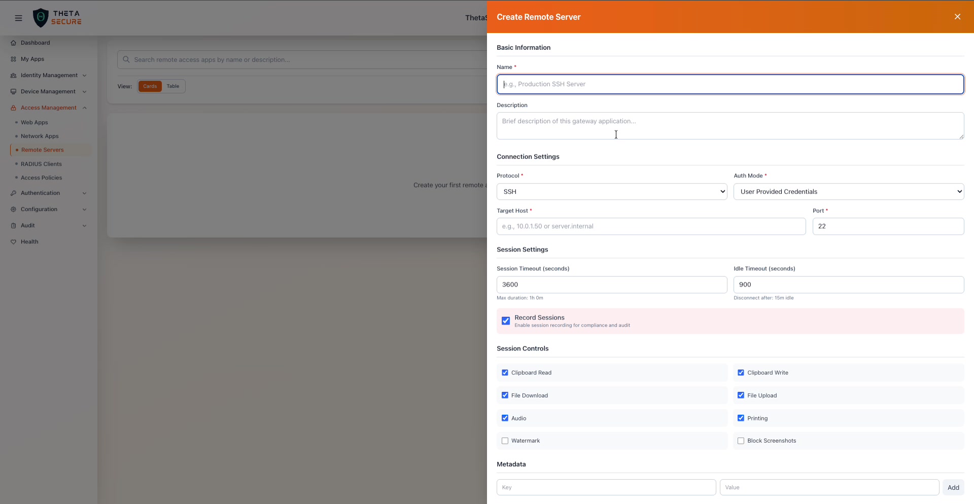 Create Remote Server form showing all sections