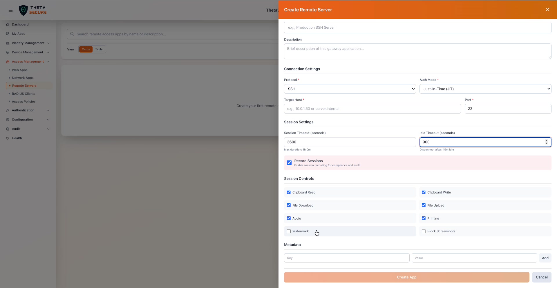 Session Controls showing all eight checkboxes, Metadata section, and Create App button