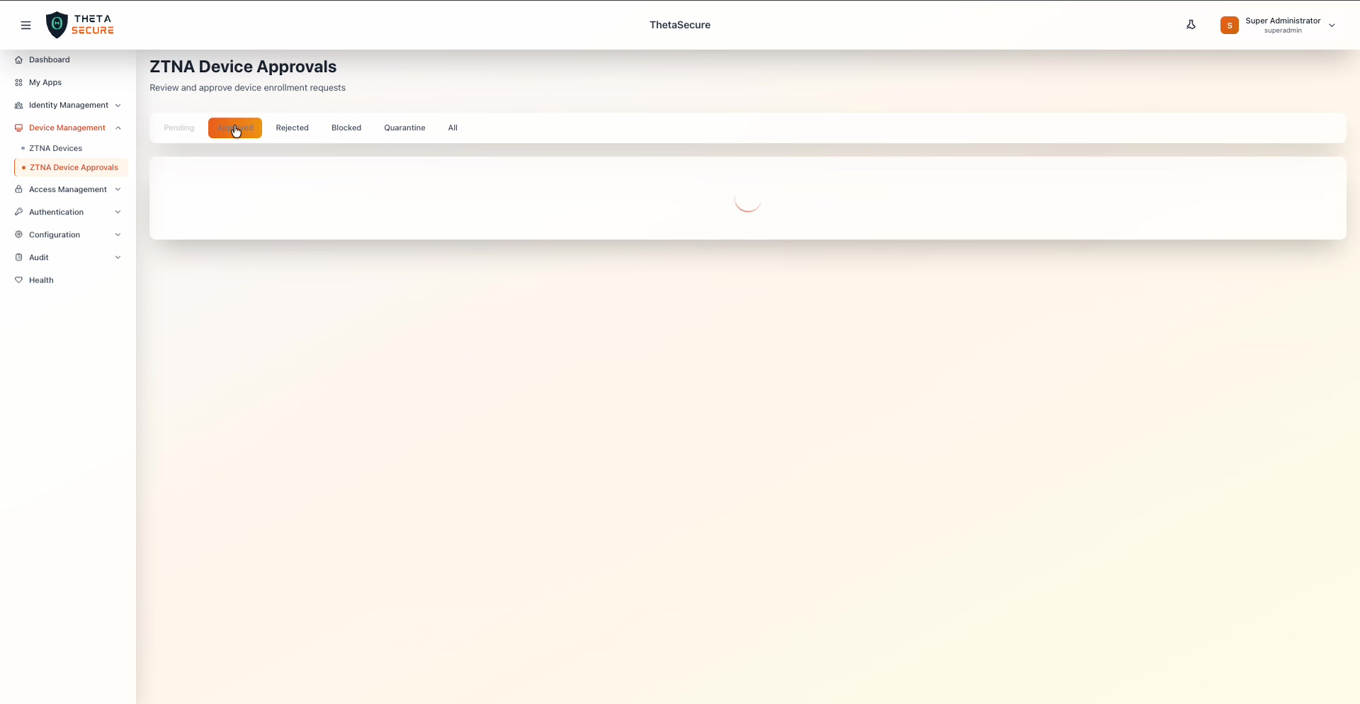 ZTNA Device Approvals page with status tabs