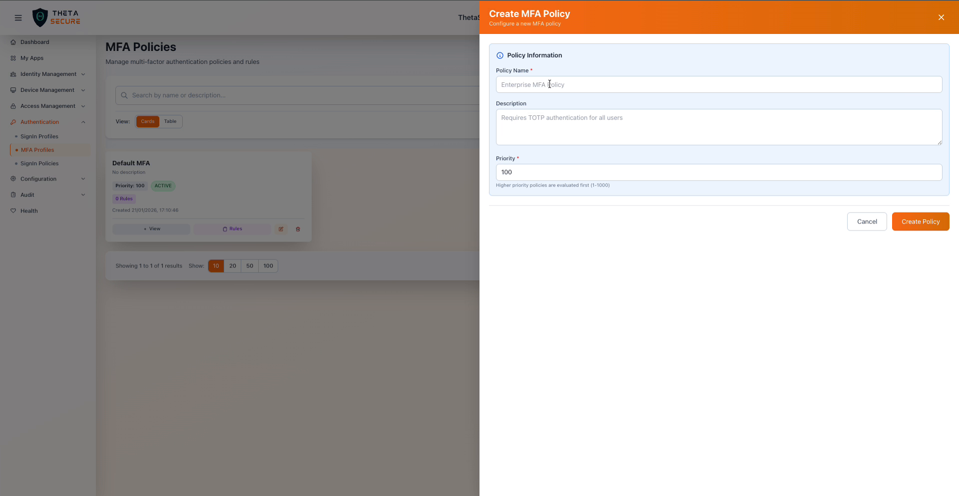 Create MFA Profile form with Policy Name, Description, and Priority fields