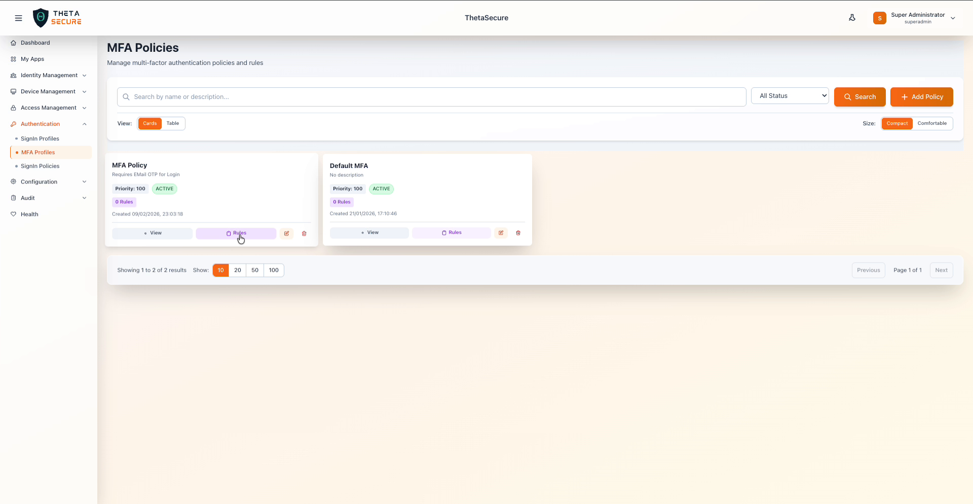 MFA Profiles list showing Default MFA and a custom MFA Policy