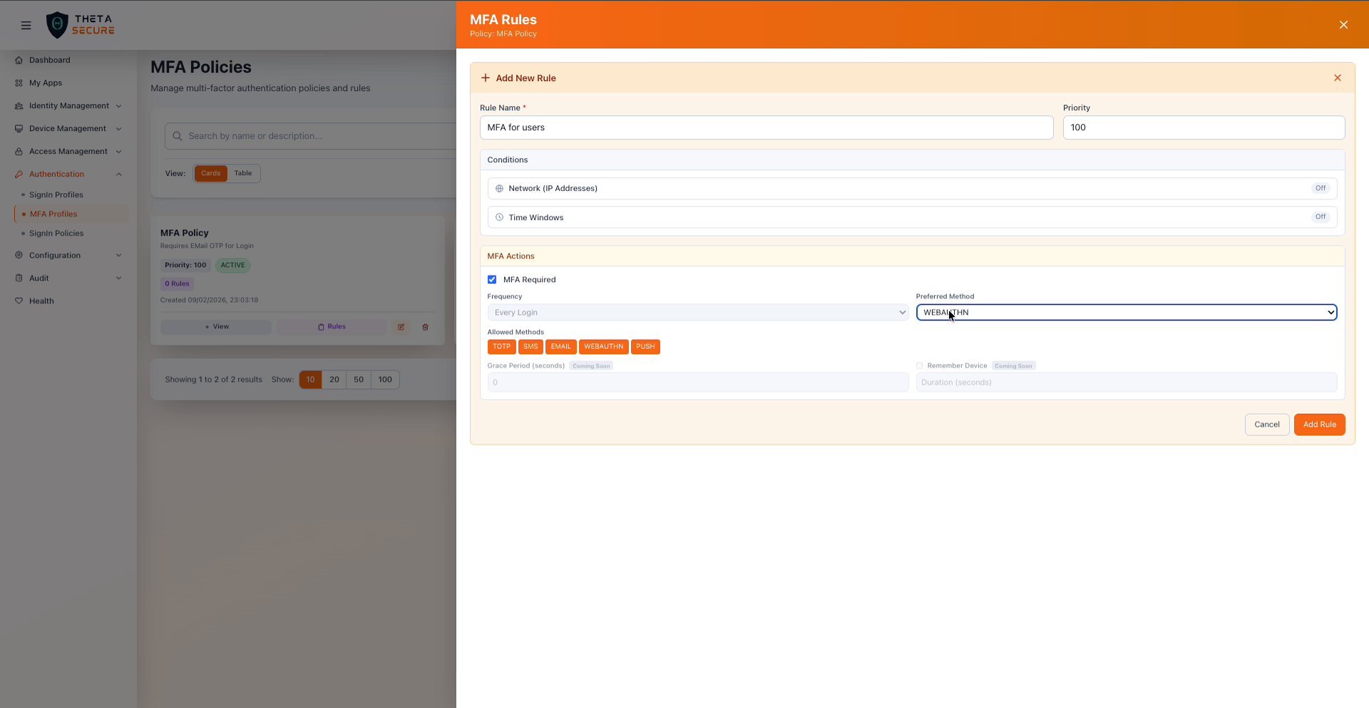 MFA Rules form with all allowed methods selected and WEBAUTHN as the preferred method