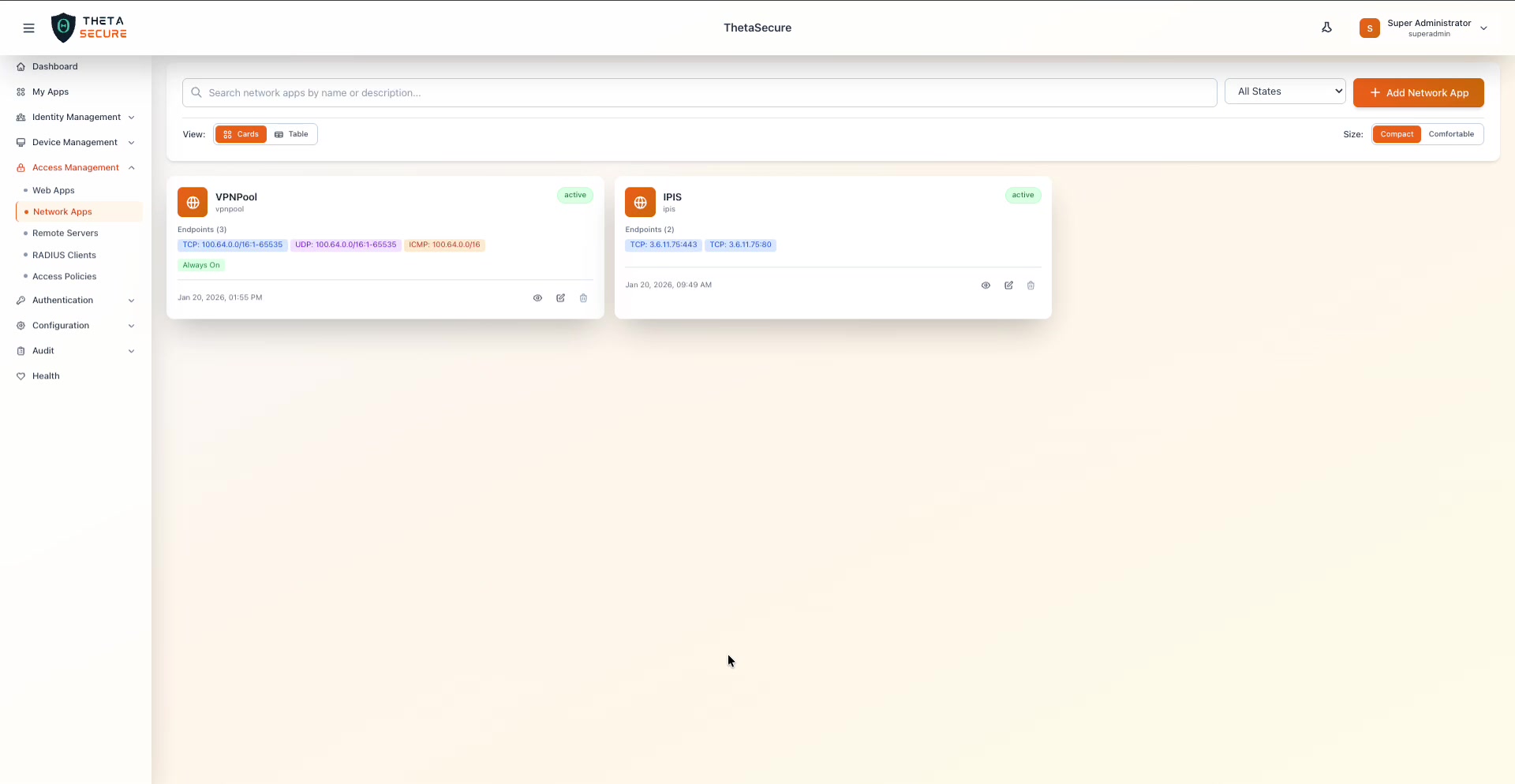 Network Apps page in Cards view showing two configured apps