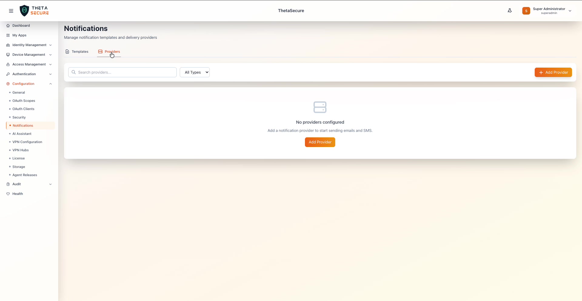 Providers tab showing the empty state with no providers configured