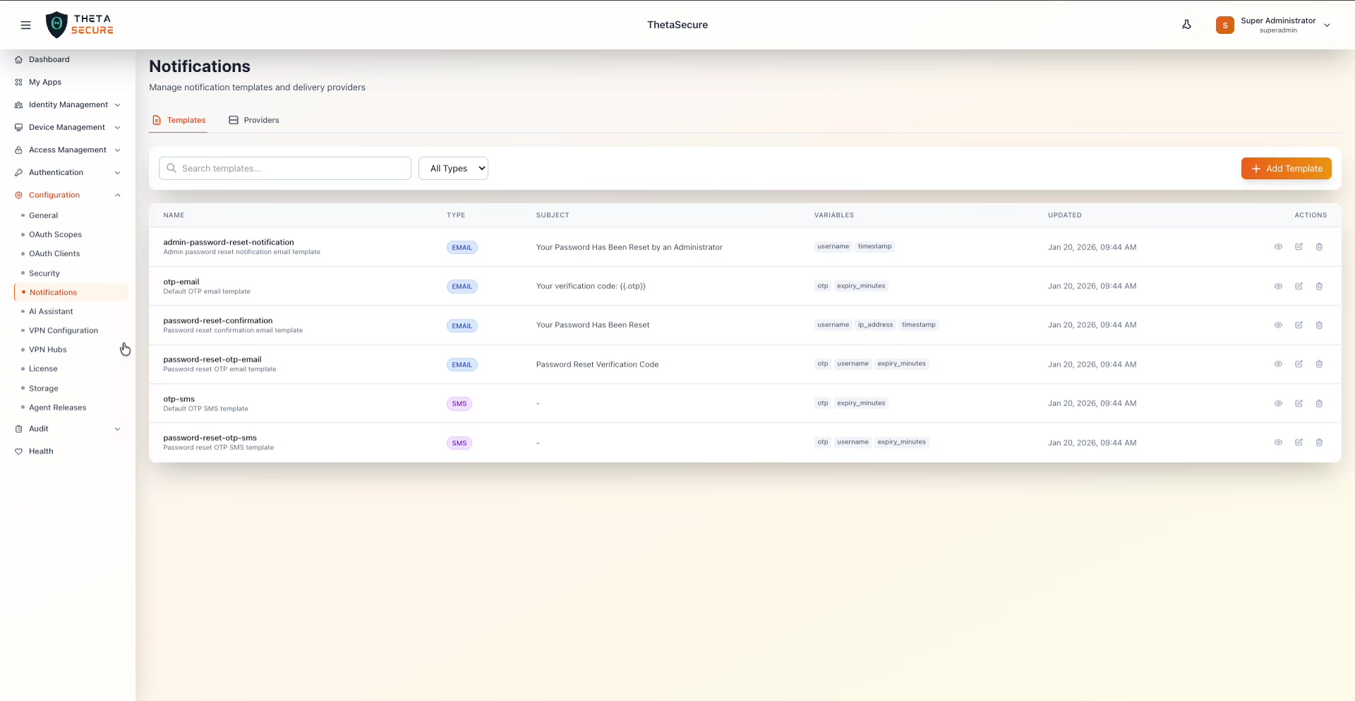 Notifications page showing the Templates tab with six built-in templates