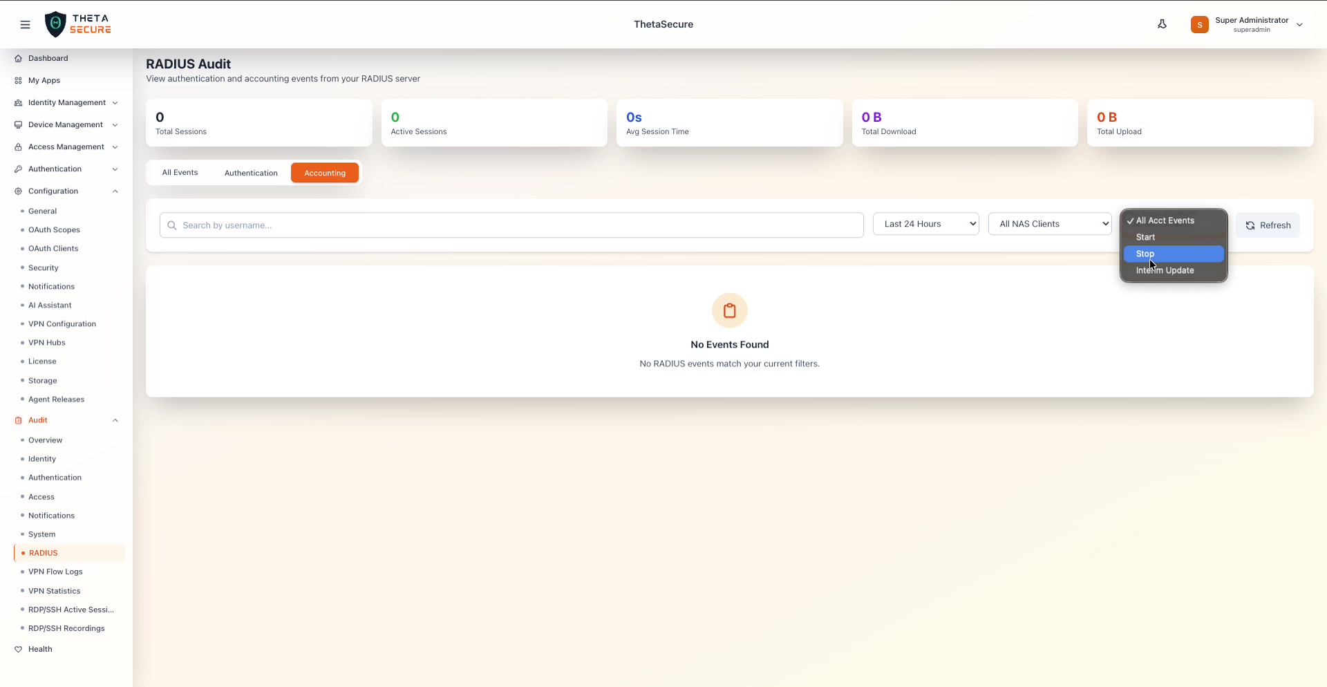 Accounting Events dropdown showing Start, Stop, and Interim Update options
