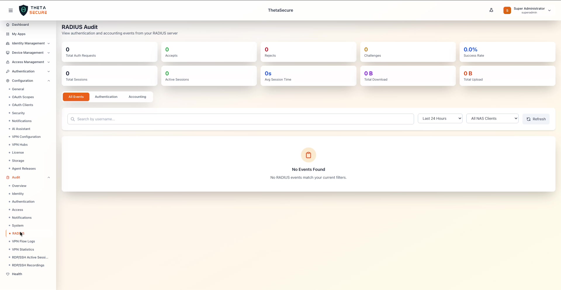 RADIUS Audit All Events tab with summary cards and empty event table