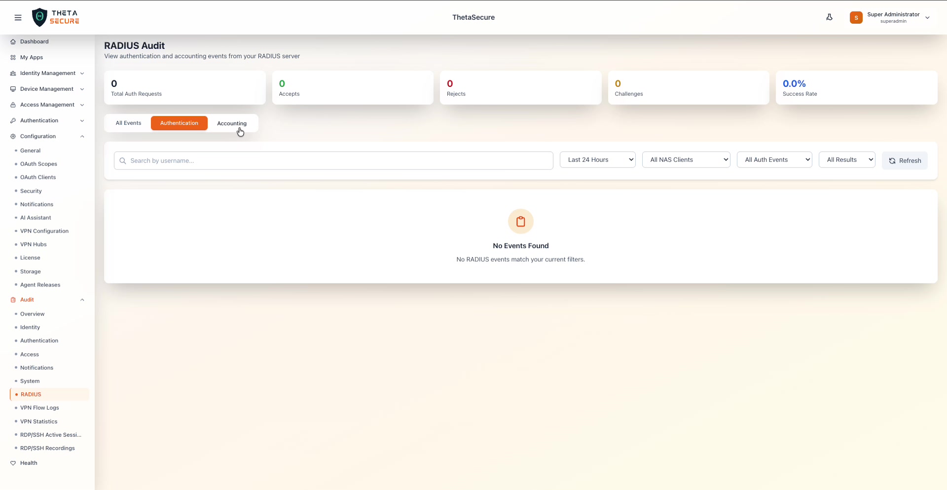RADIUS Authentication tab with auth-specific filters