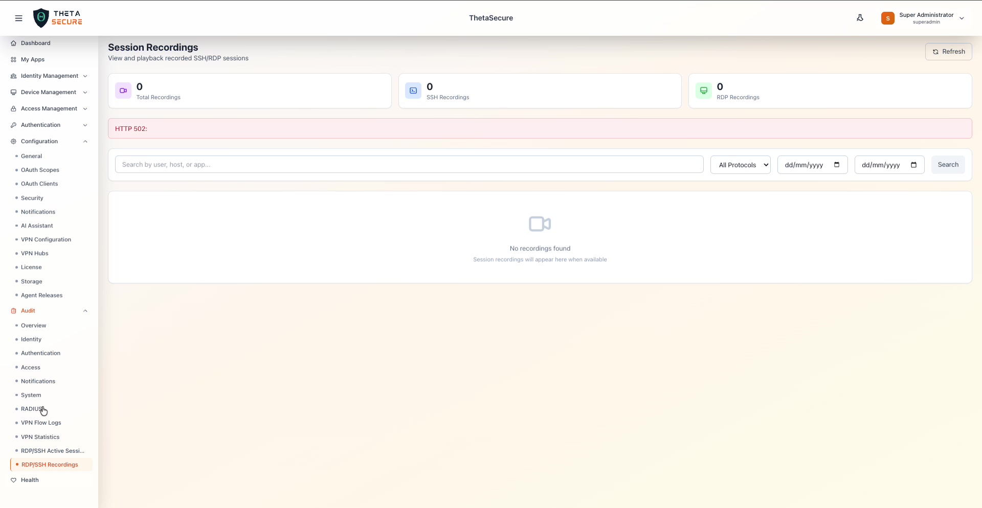 Session Recordings page with status cards, search bar, and date range filters