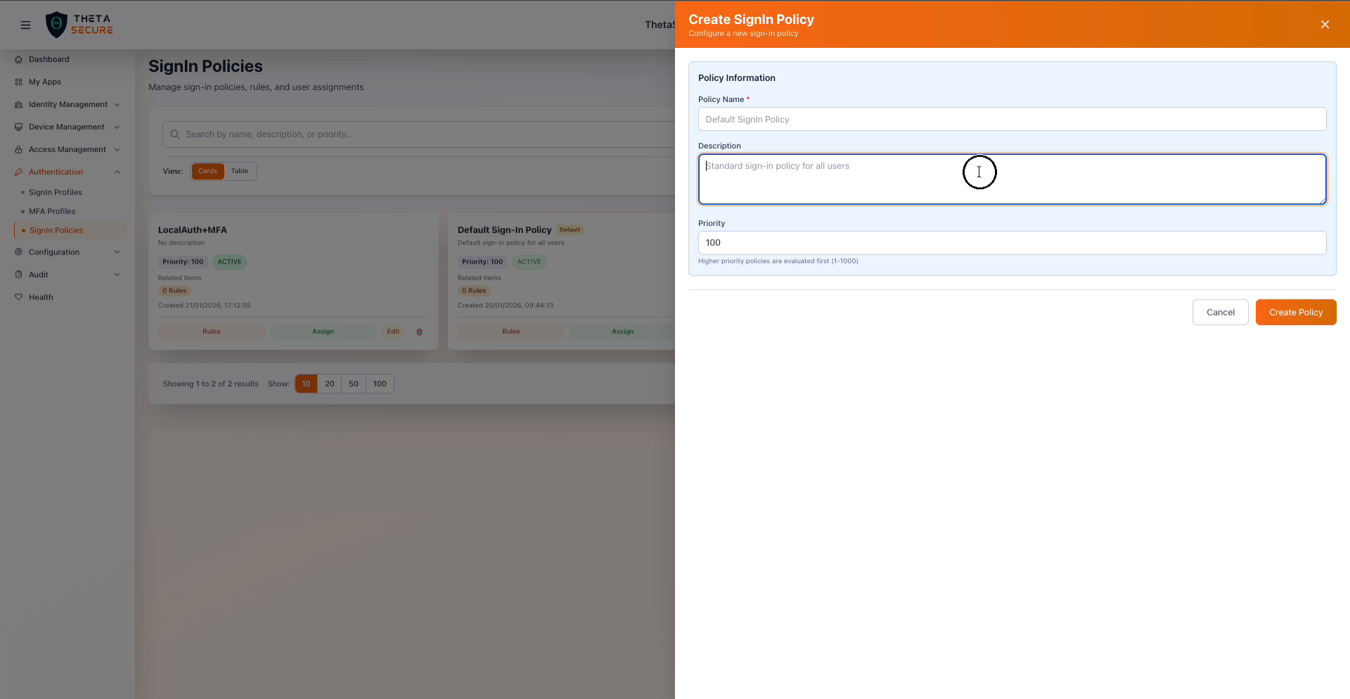 Create SignIn Policy form with Policy Name, Description, and Priority fields