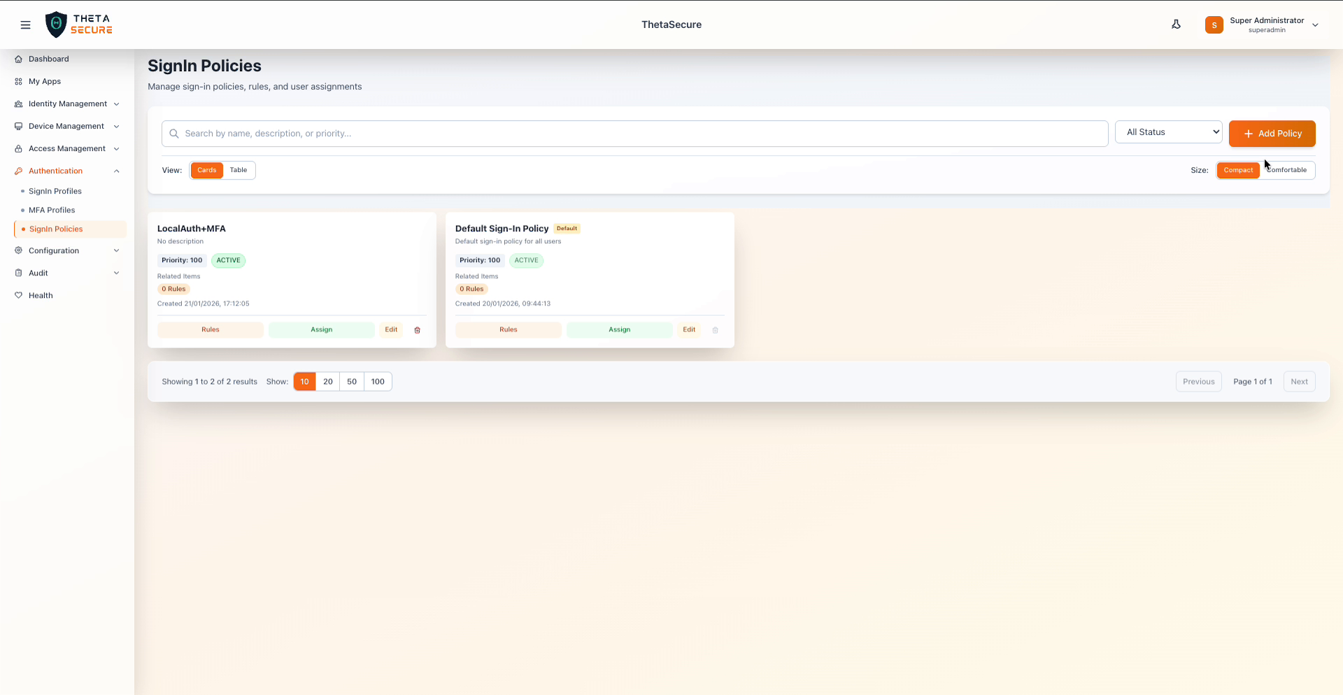 SignIn Policies list showing LocalAuth+MFA and the Default Sign-In Policy