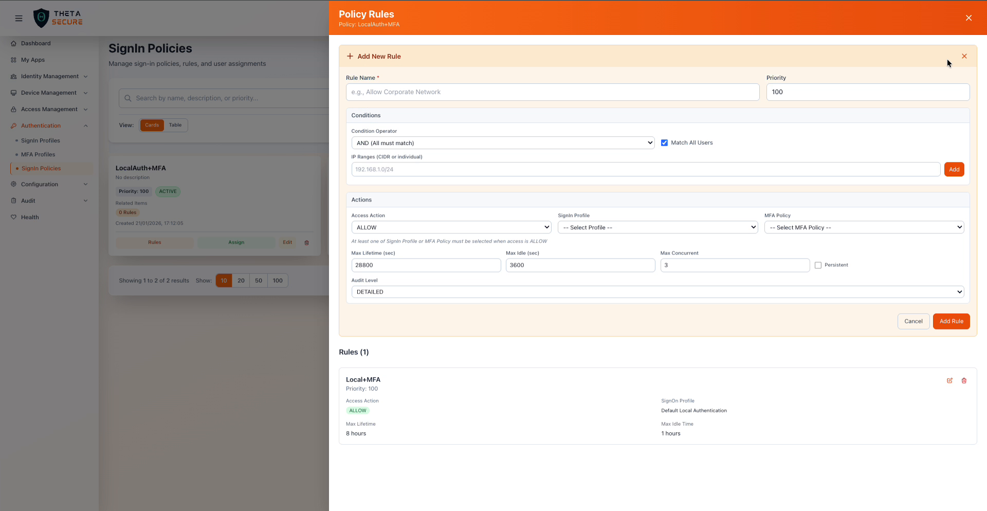 Policy Rules Add New Rule form with conditions, access action, profile selection, and session settings