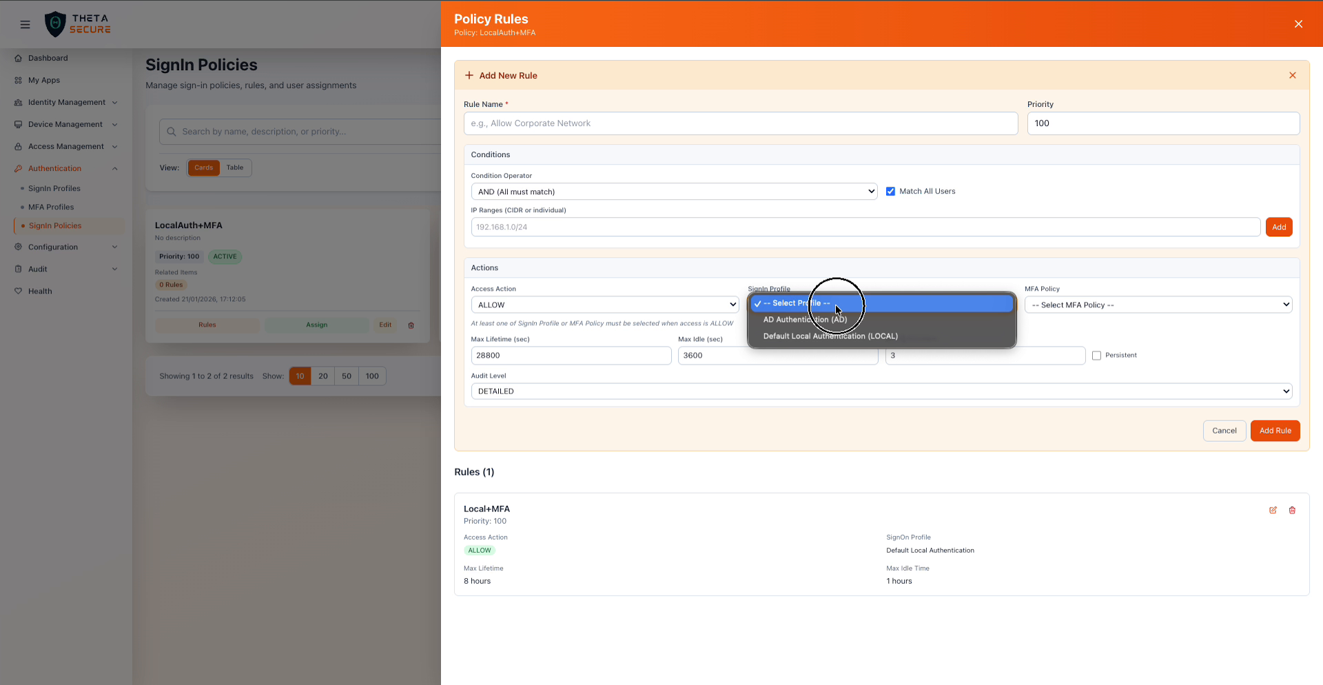 SignIn Profile dropdown showing available profiles: AD Authentication and Default Local Authentication