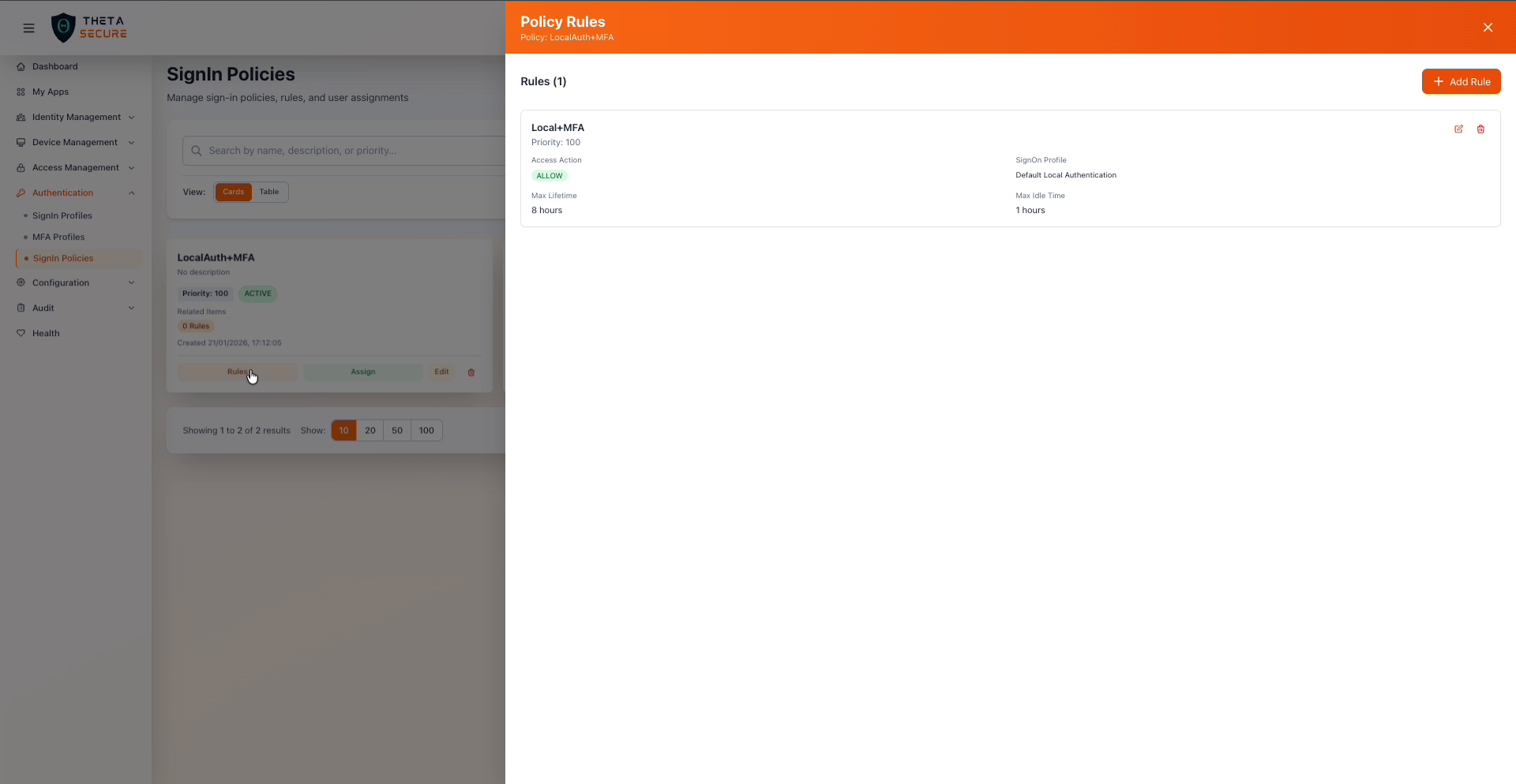 Policy Rules panel showing an existing rule with ALLOW action and Local Authentication
