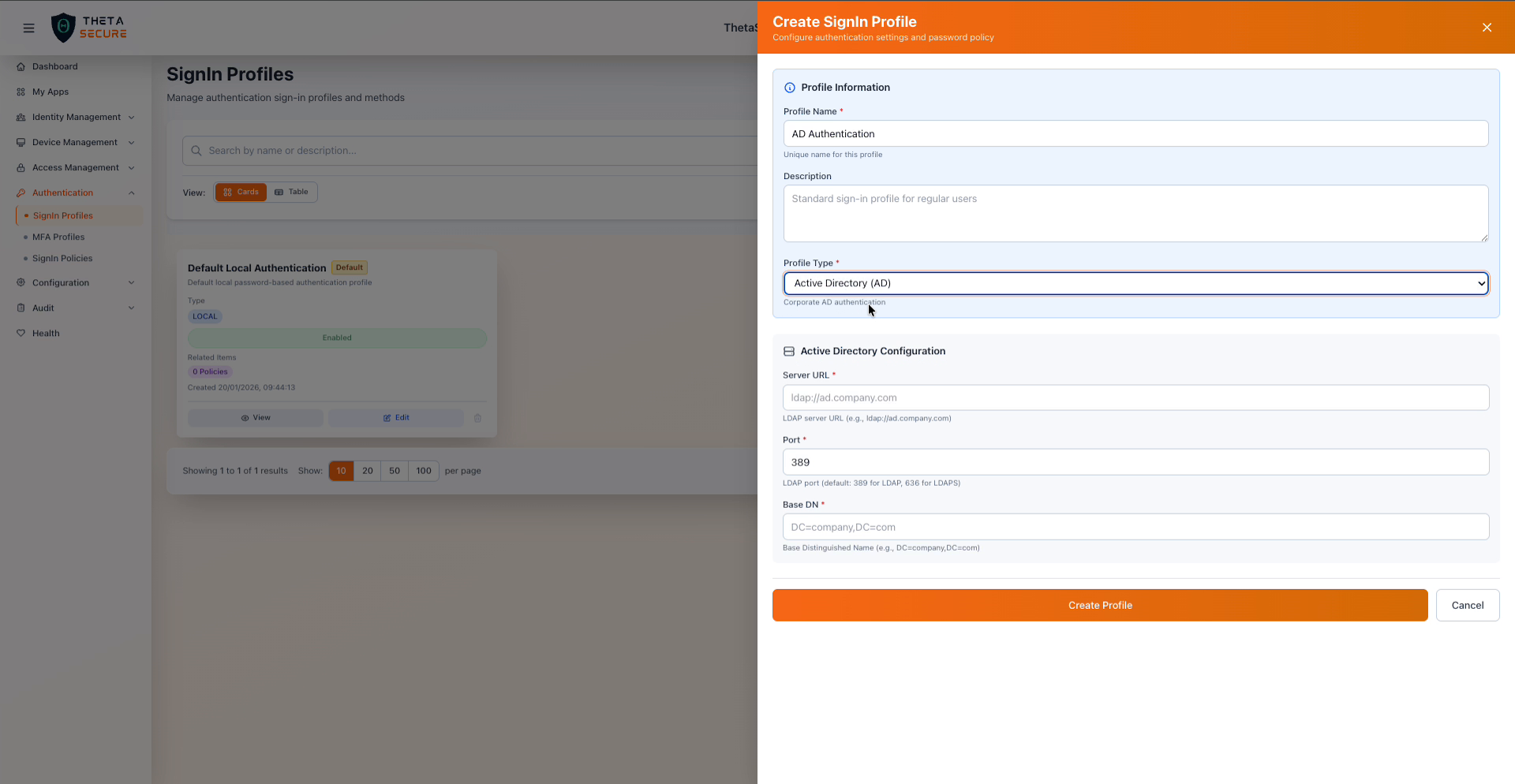 Active Directory configuration section with Server URL, Port, and Base DN fields