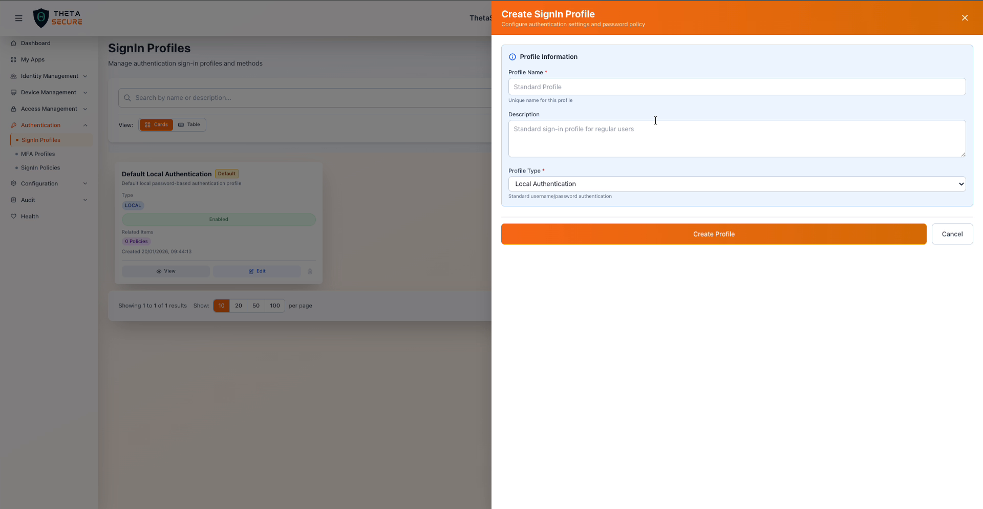 Create SignIn Profile form showing Profile Name, Description, and Profile Type fields