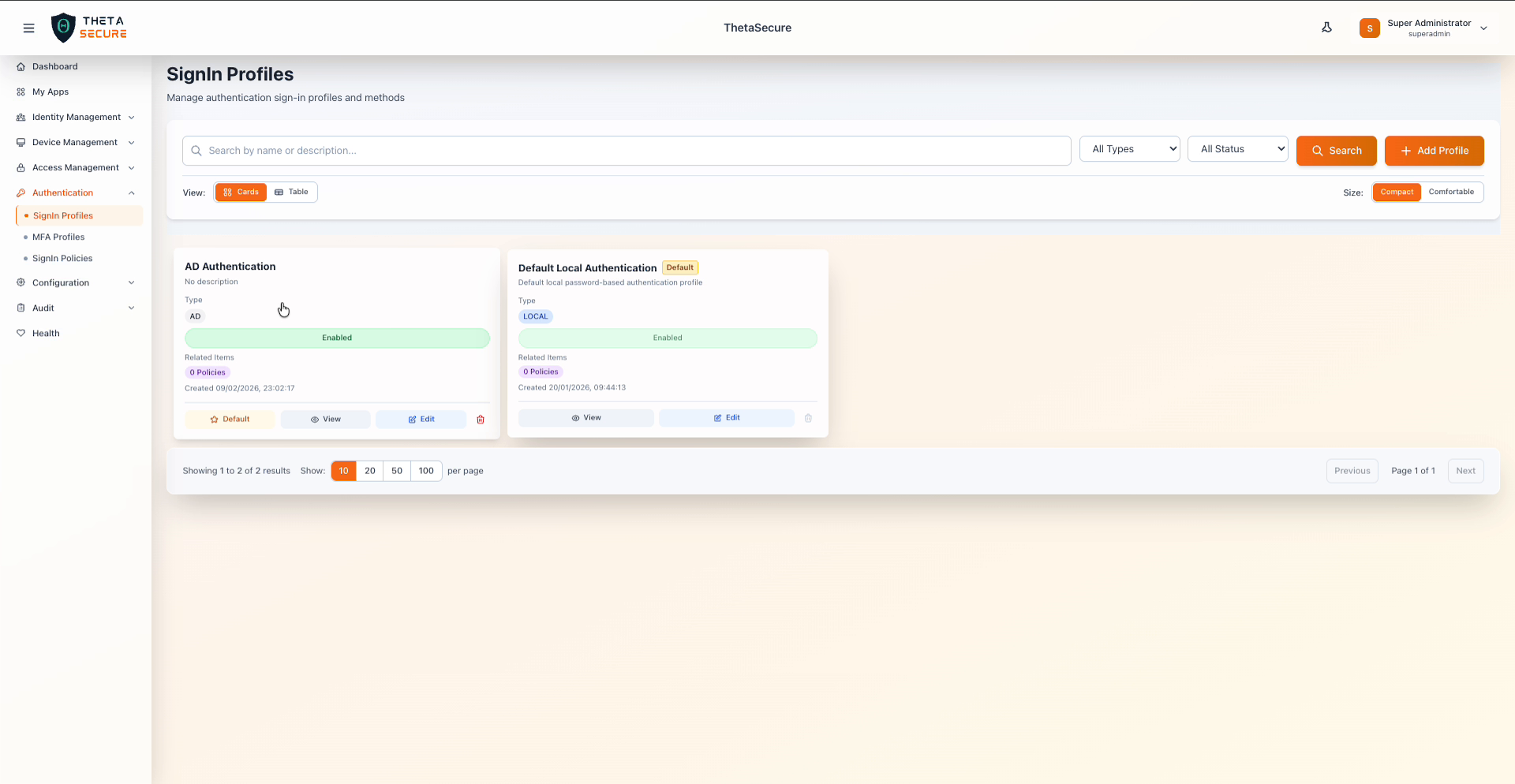 SignIn Profiles list showing the Default Local Authentication and an AD Authentication profile