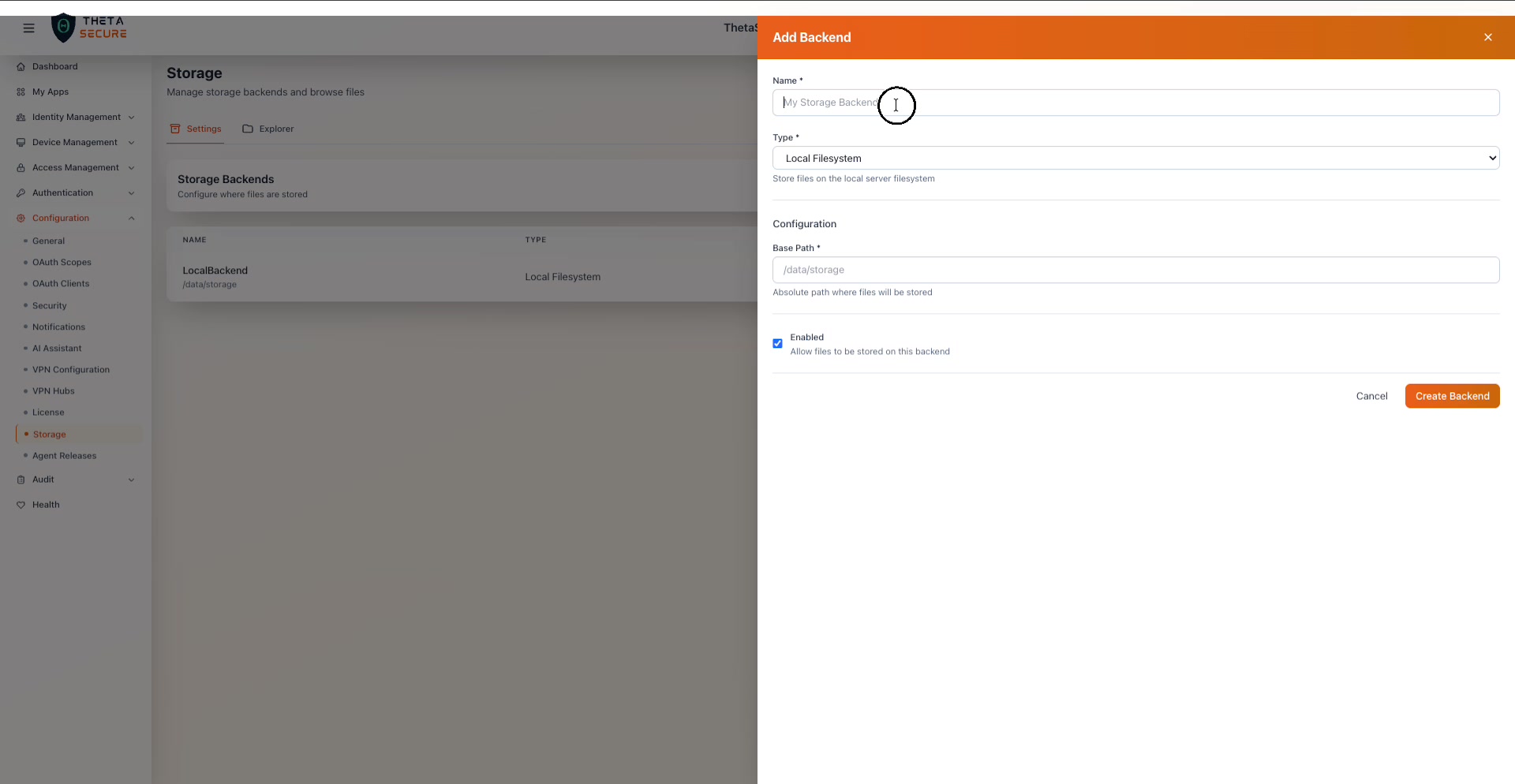 Add Backend form for Local Filesystem